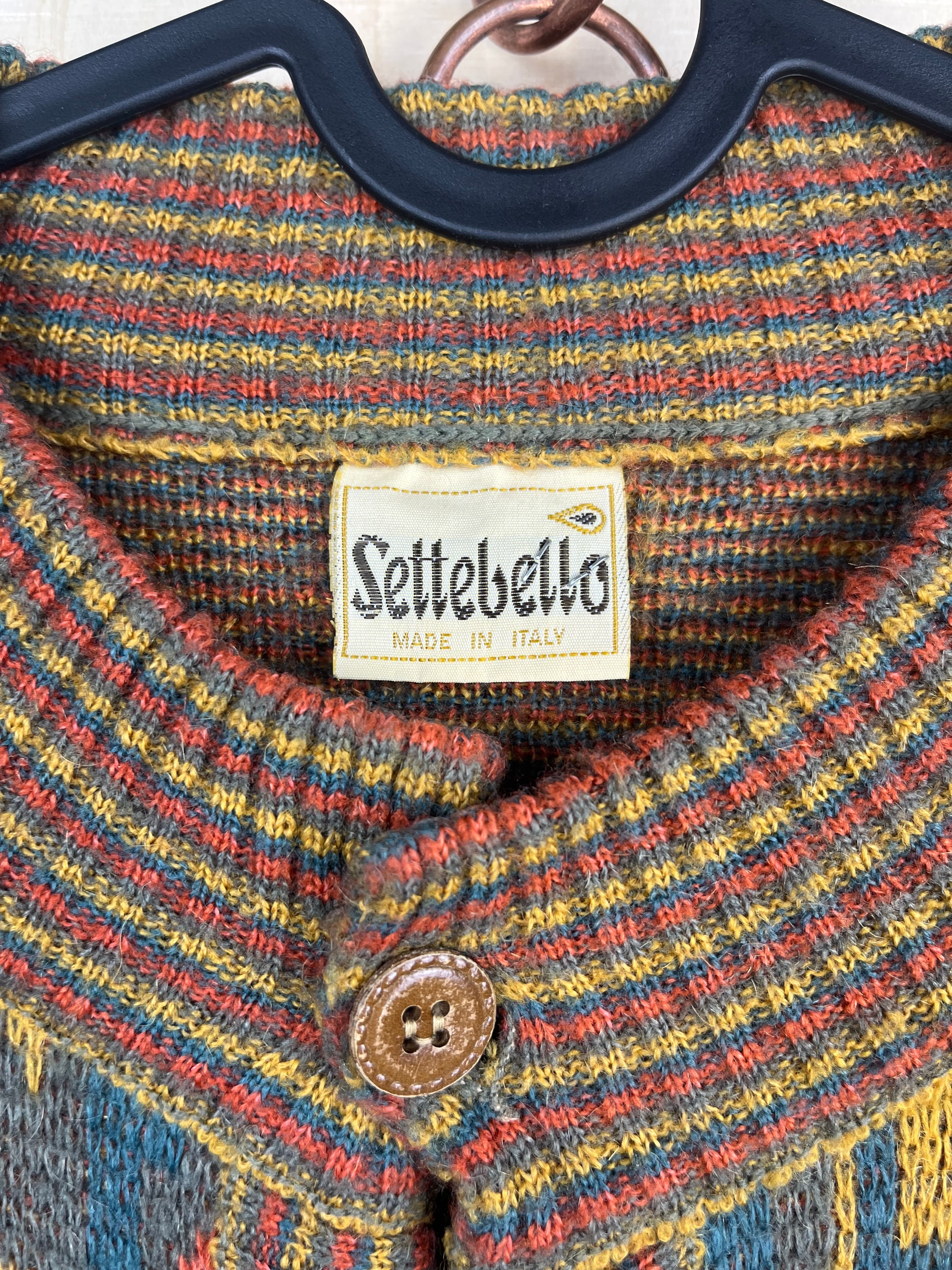 Vintage Pattern Cardigan Multicolor Wool Blend Oversized Made in Italy