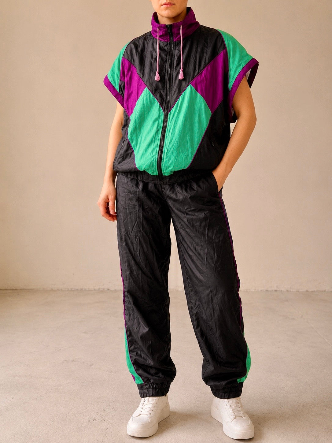 Completo Vintage Anni ’90 Color Block Nero, Verde Acqua e Viola con Maniche Removibili – XL