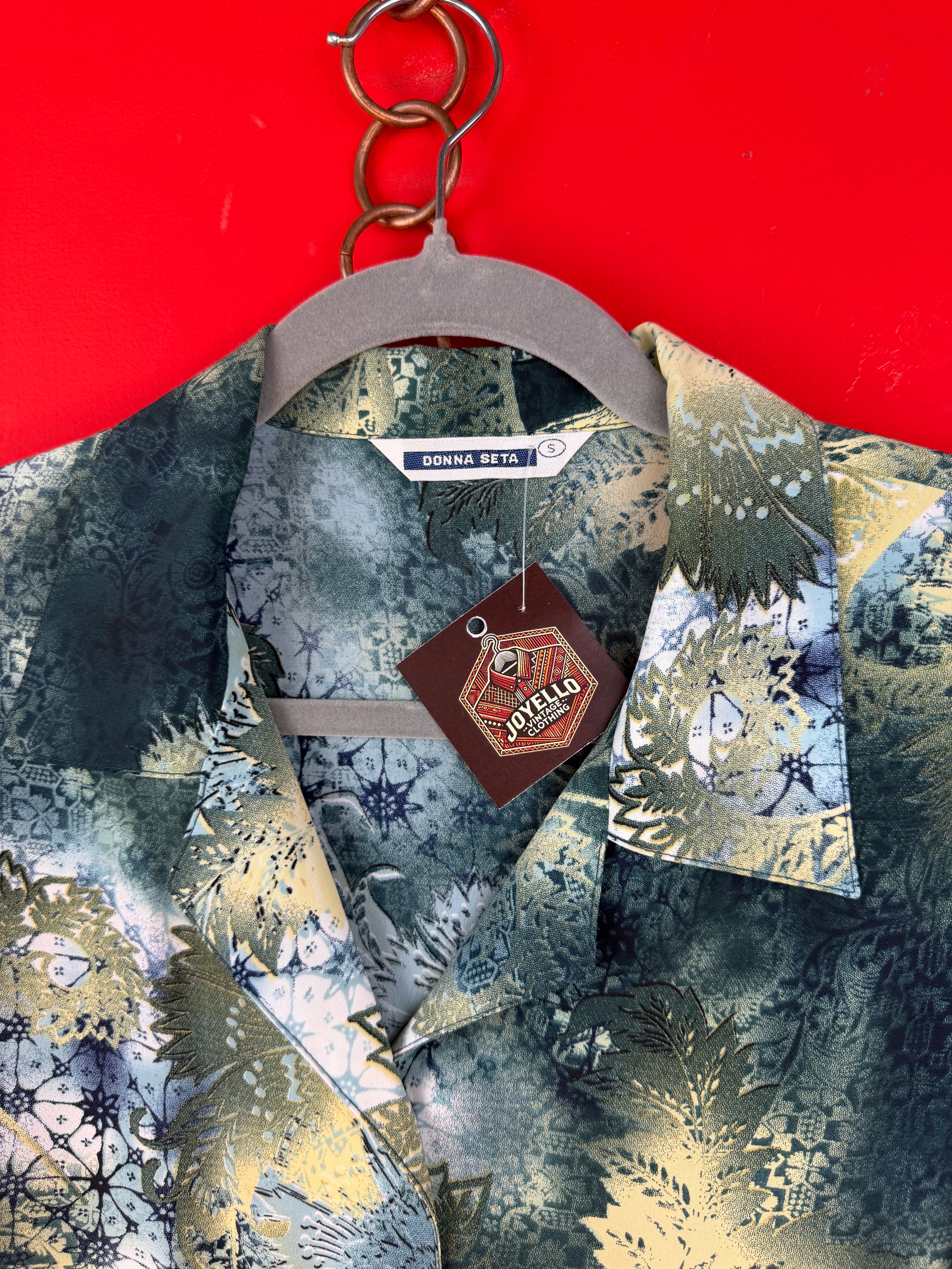 Blusa vintage 100% seta fantasia astratta verde e beige