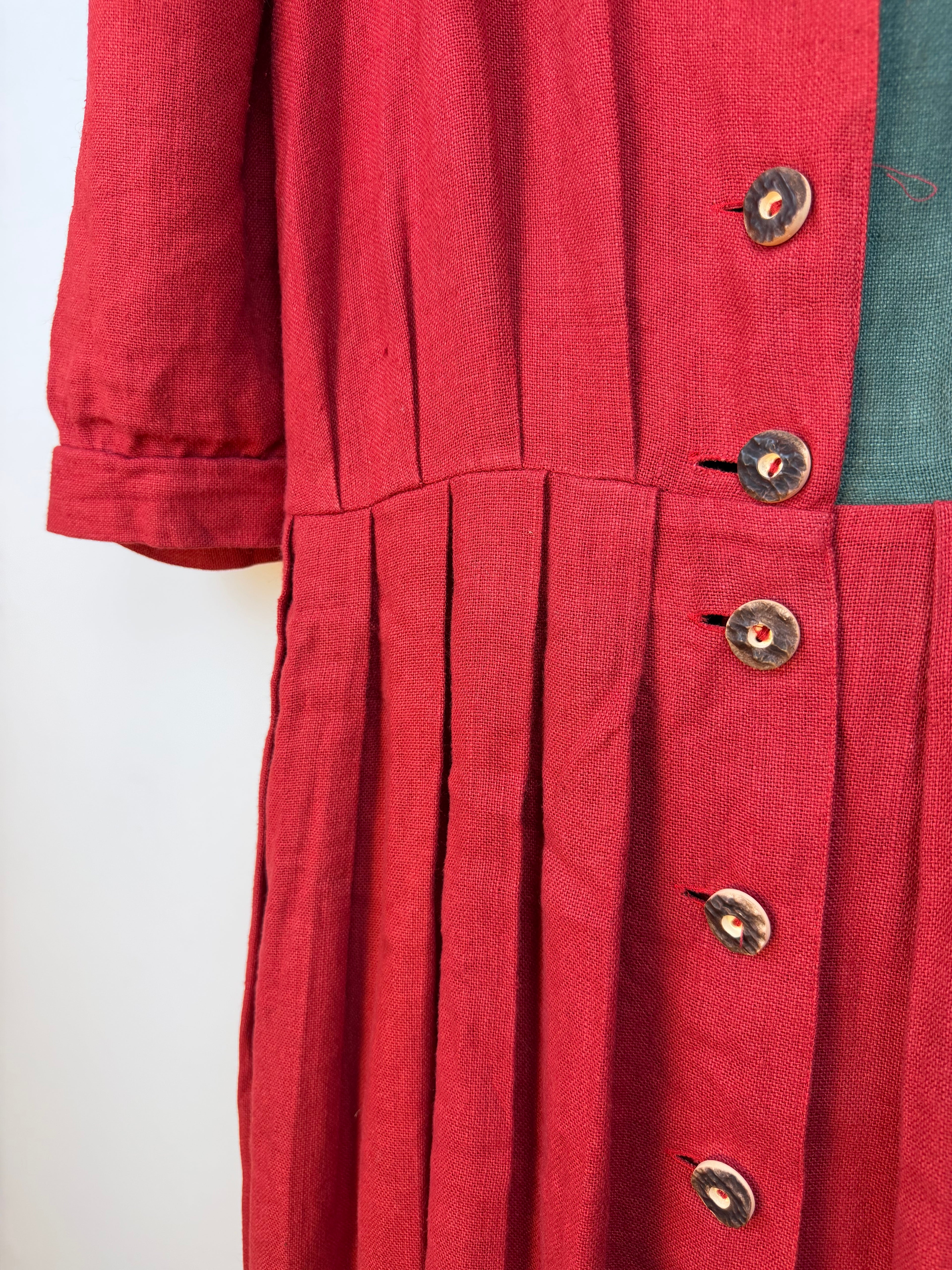 Vintage Austrian Linen Blend Dress by H. Moser – Red & Green Tirolean Maxi Dress