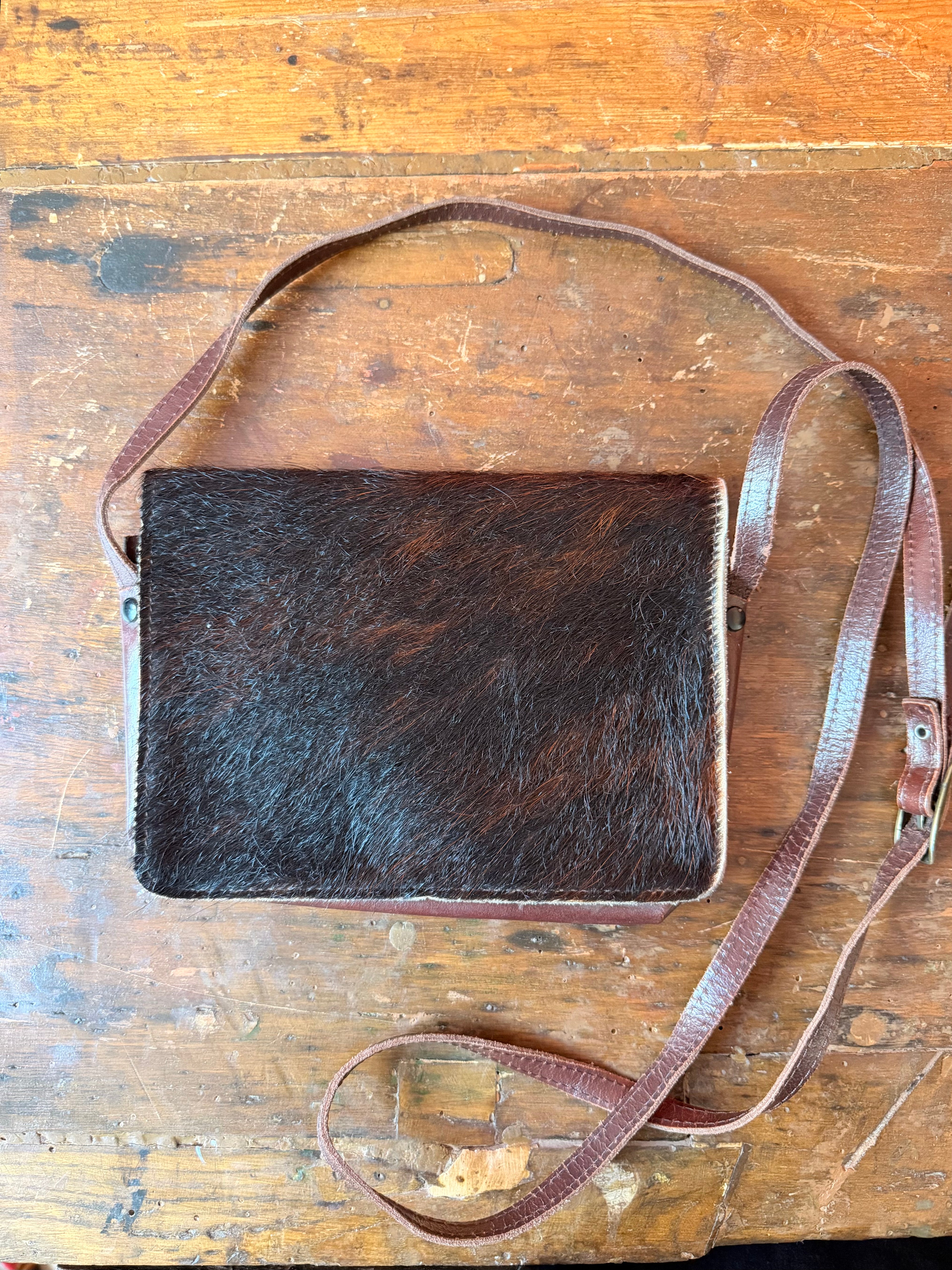Borsa vintage in vera pelle e cavallino | Tracolla regolabile