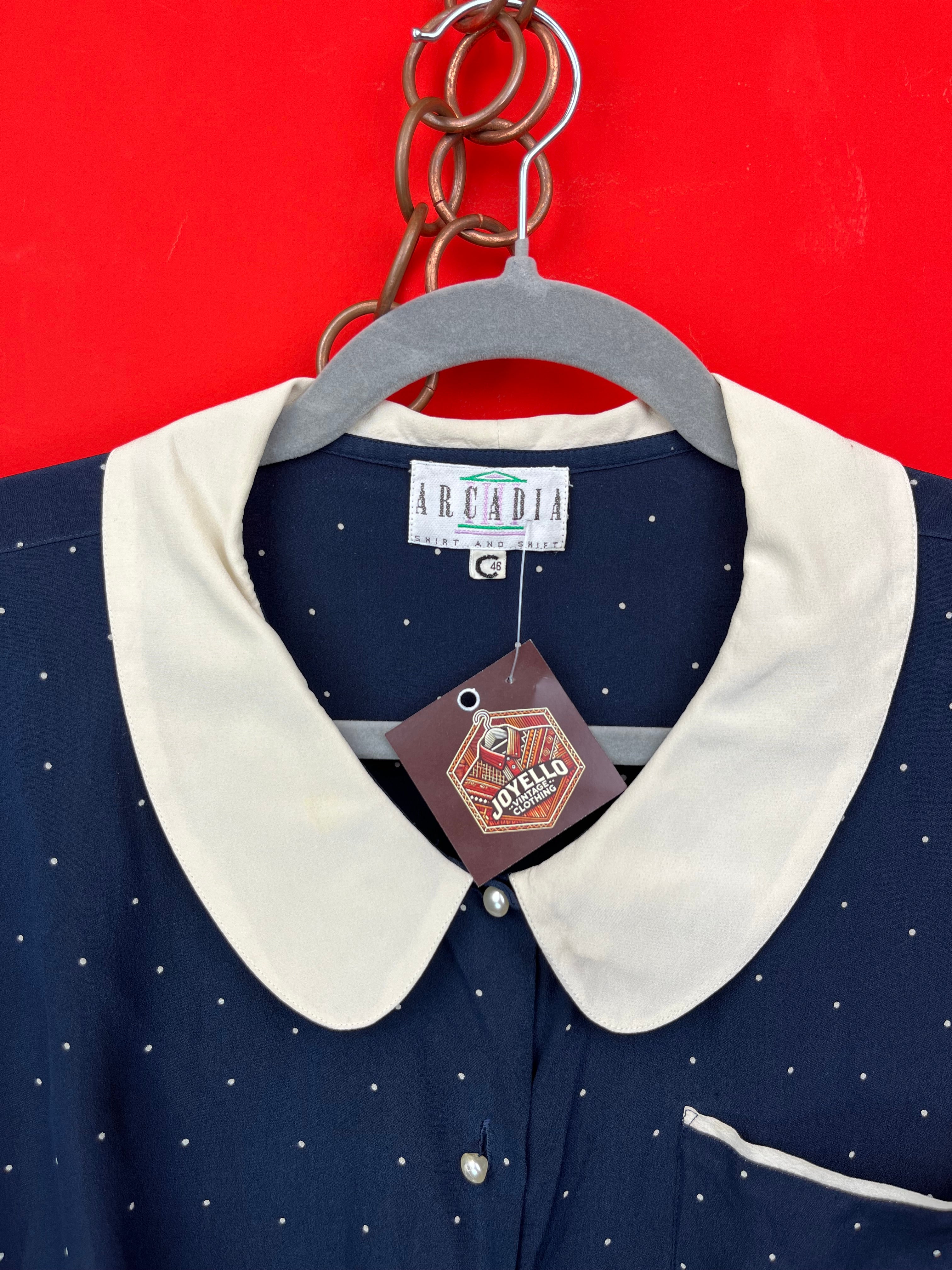 Blusa Vintage In Seta A Pois Con Colletto Peter Pan
