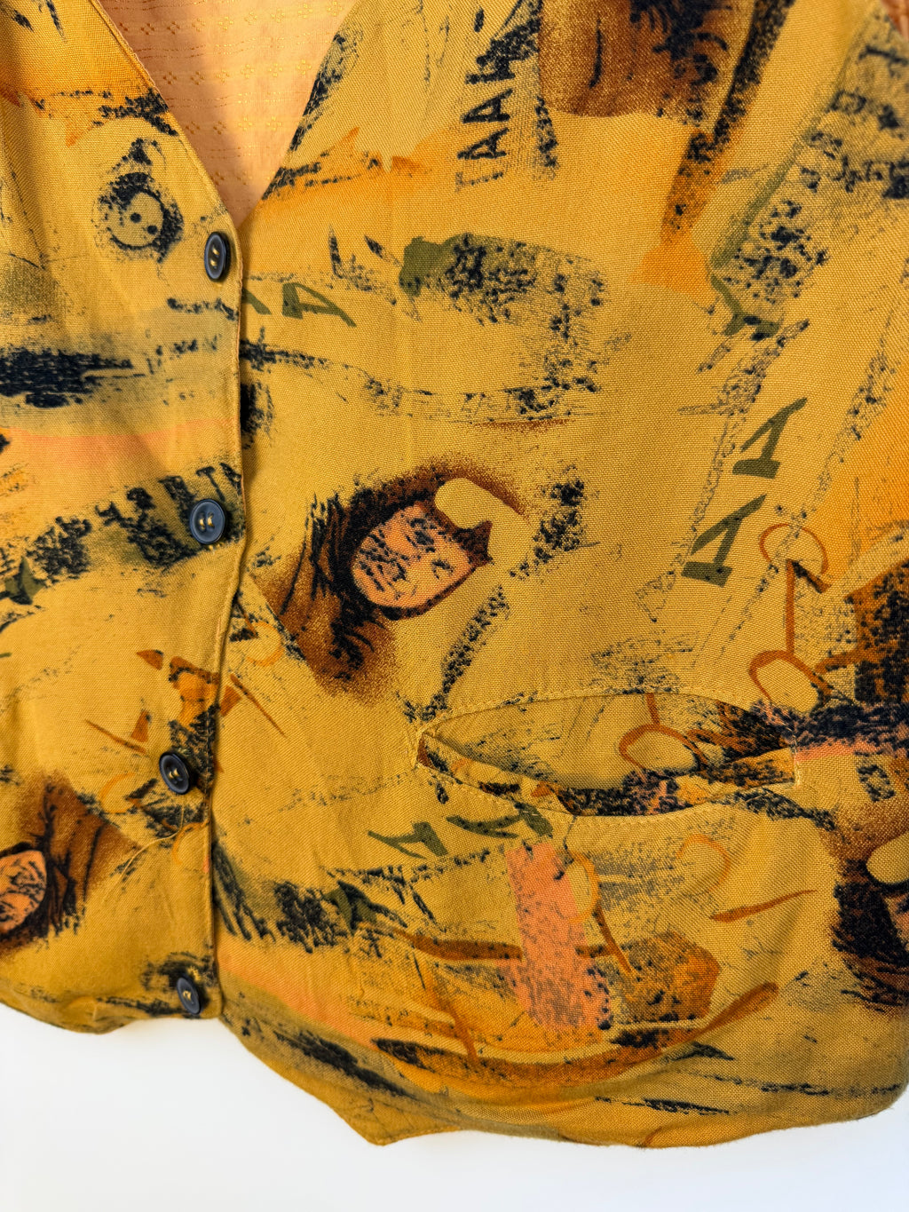 Vintage 90s Gilet Senape con Fantasia Astratta