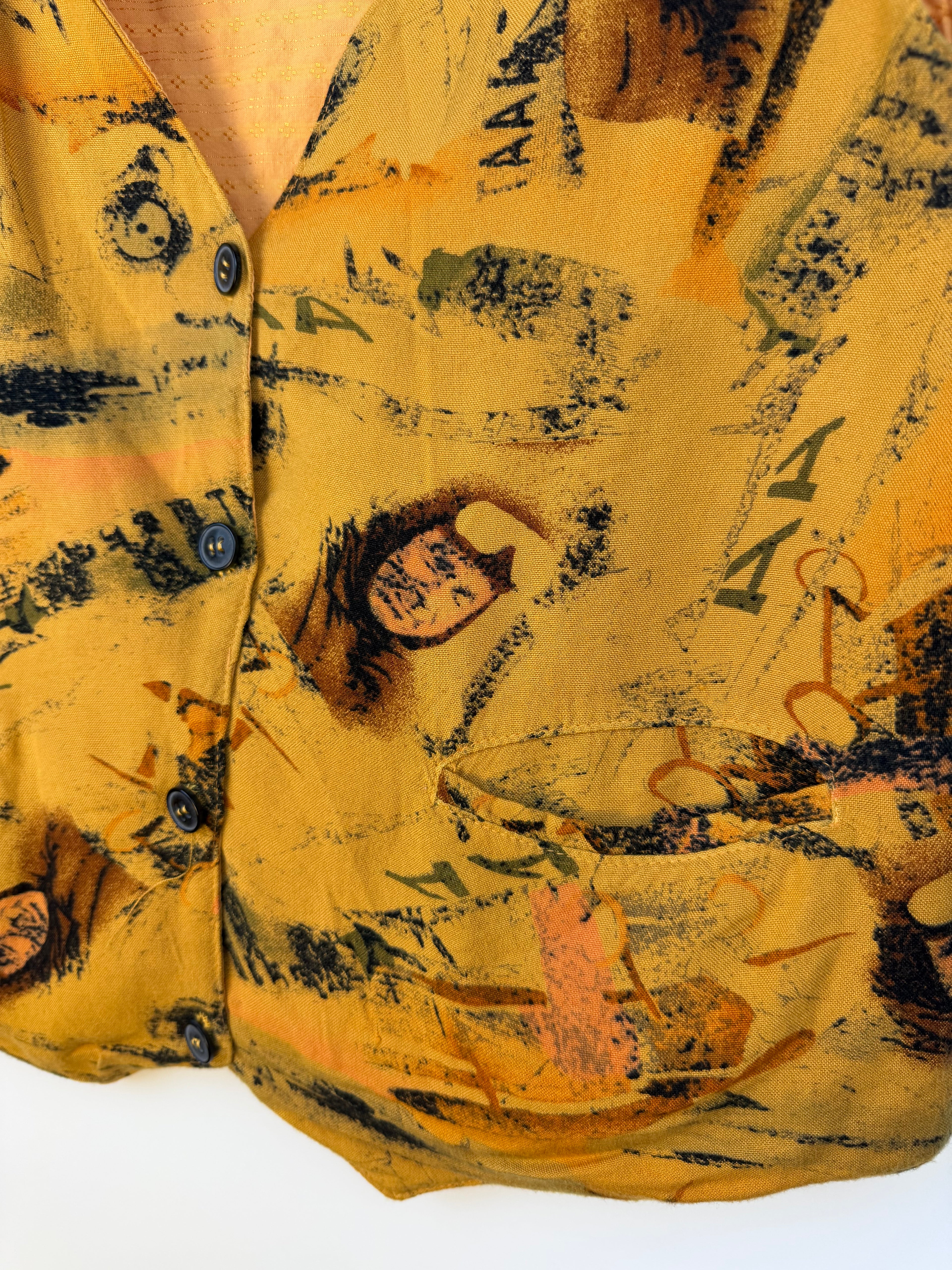 Vintage 90s Gilet Senape con Fantasia Astratta