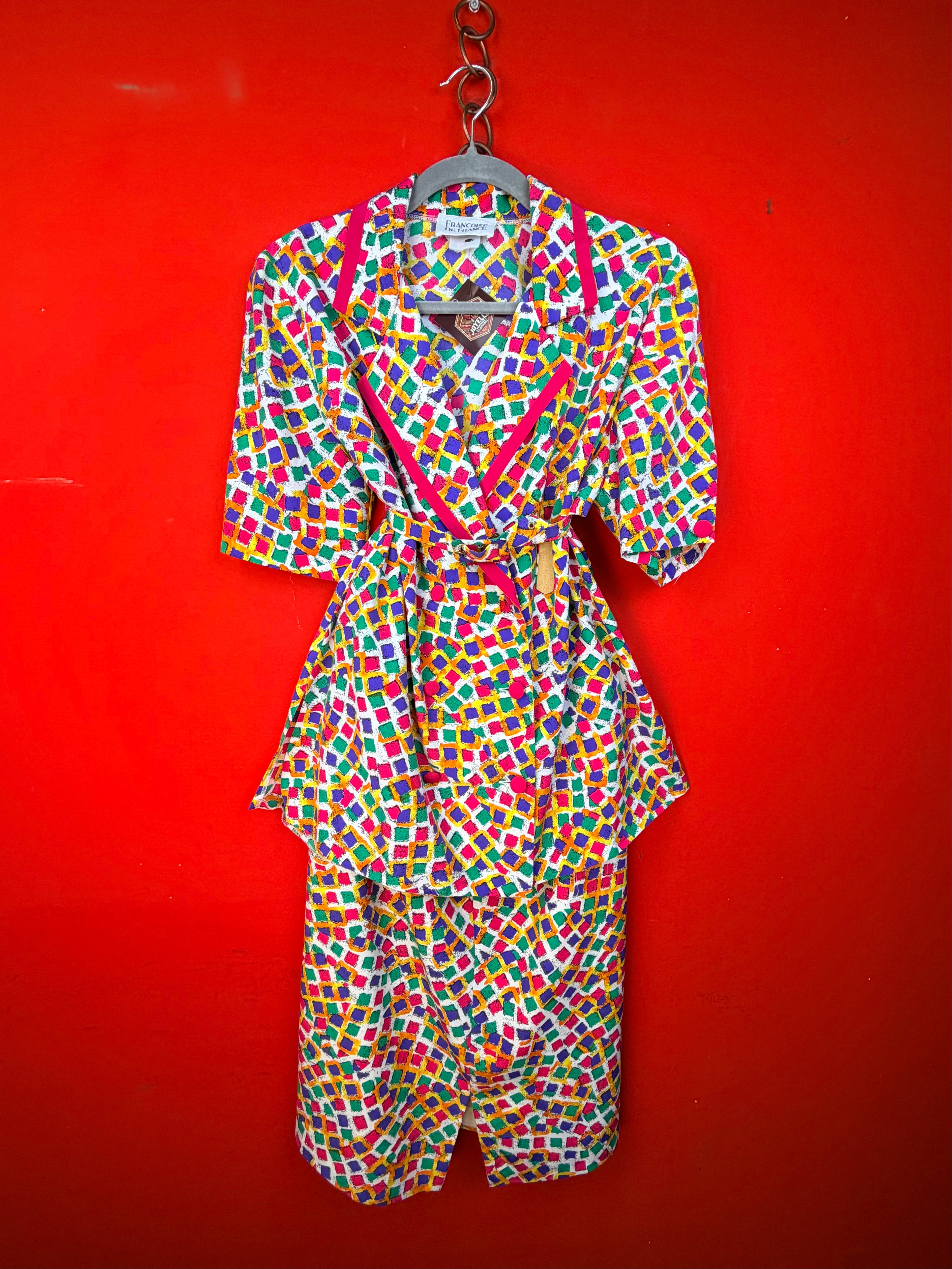 Vintage 80s Geometric Peplum Jacket & Skirt Set
