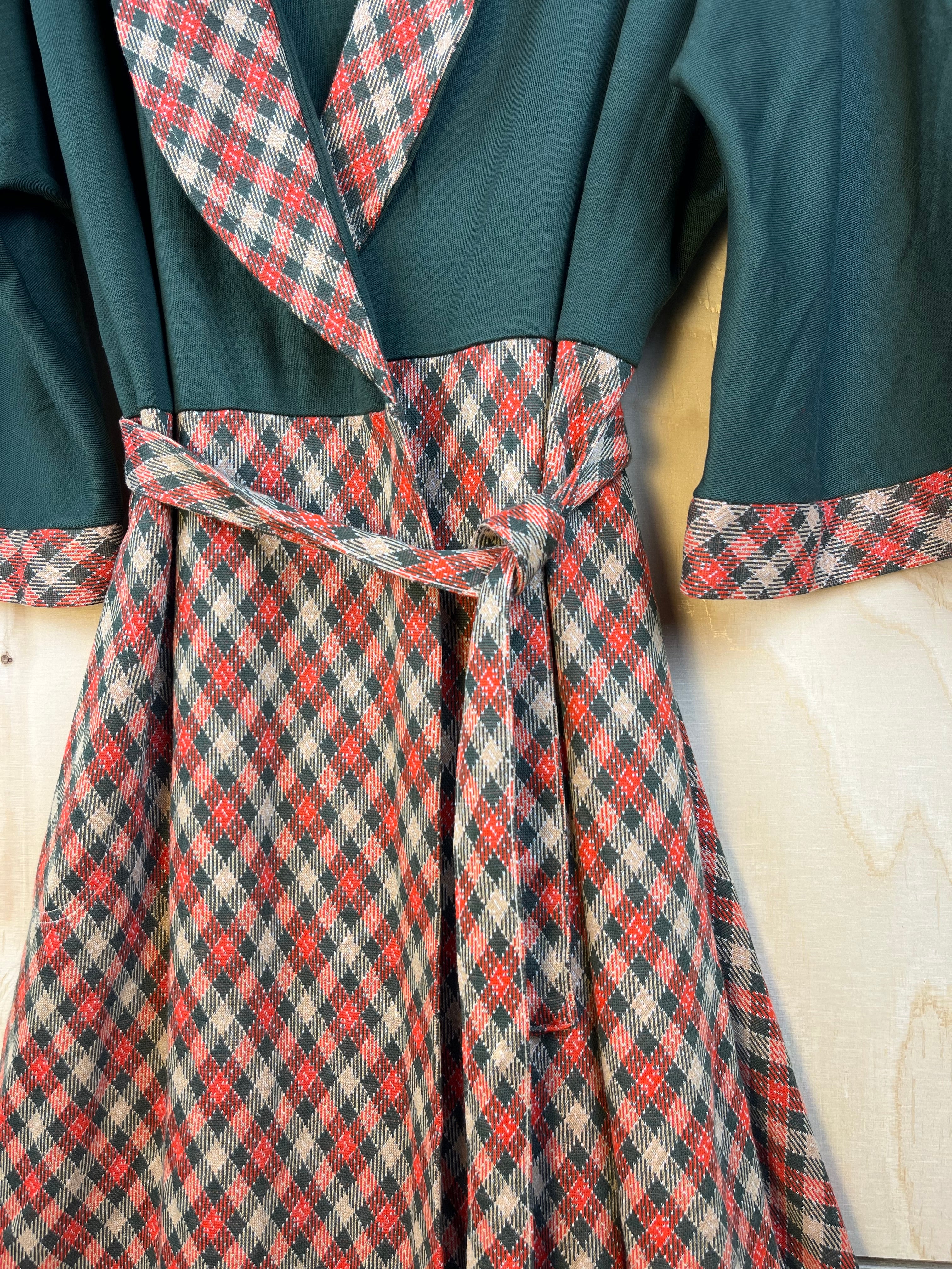 Vintage Wrap Dress Green Top Plaid Skirt Midi Dress