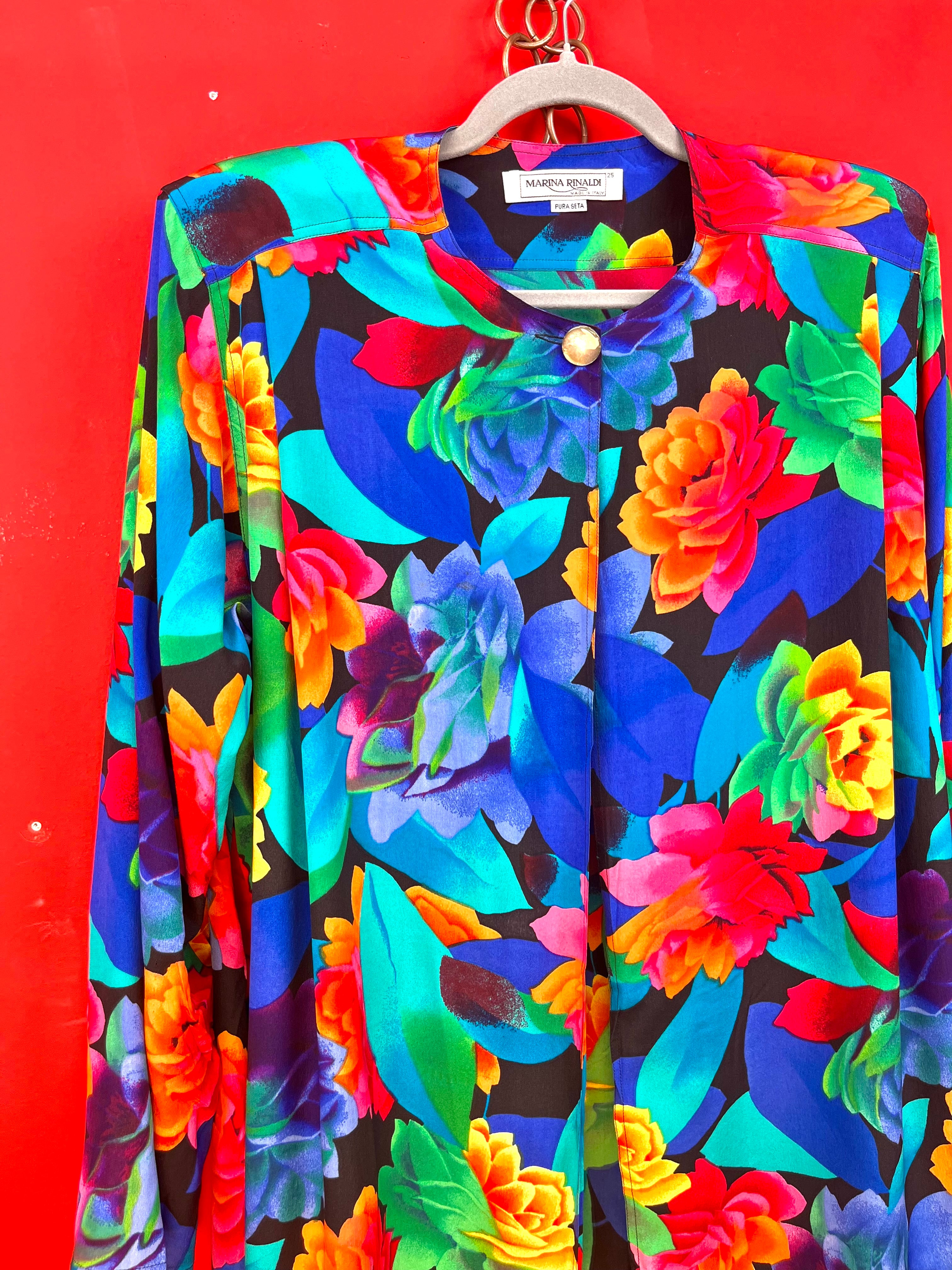 Vintage Marina Rinaldi Silk Floral Blouse Made in Italy 90s Multicolor Jacket Top