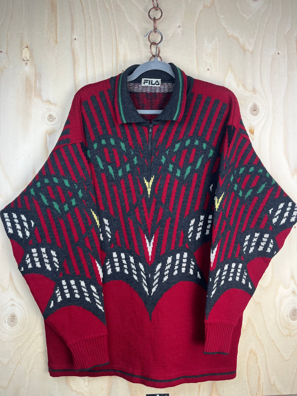 Vintage 90s Fila Half Zip Wool Sweater Made in Italy Geometric Pattern