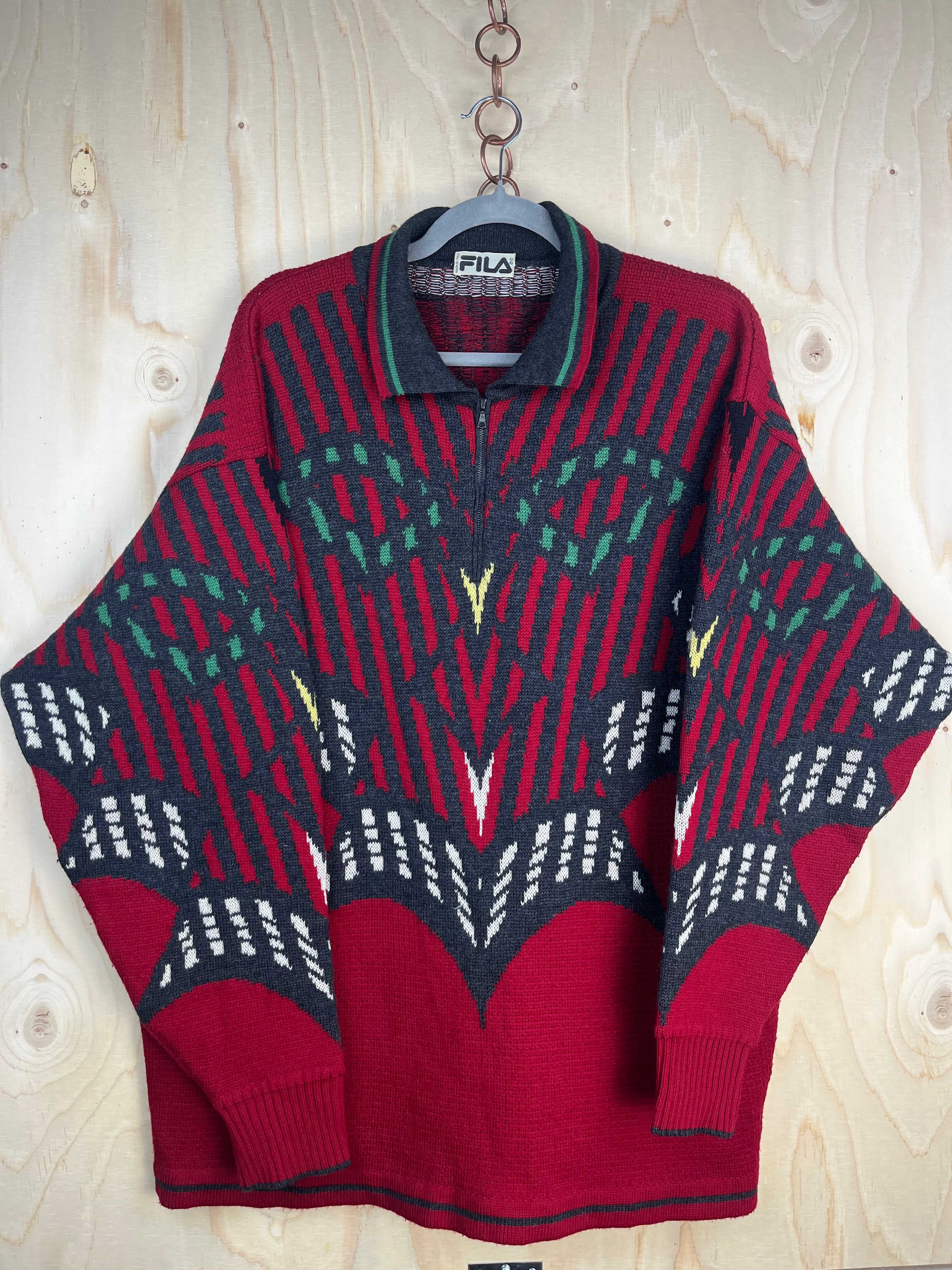 Vintage 90s Fila Half Zip Wool Sweater Made in Italy Geometric Pattern