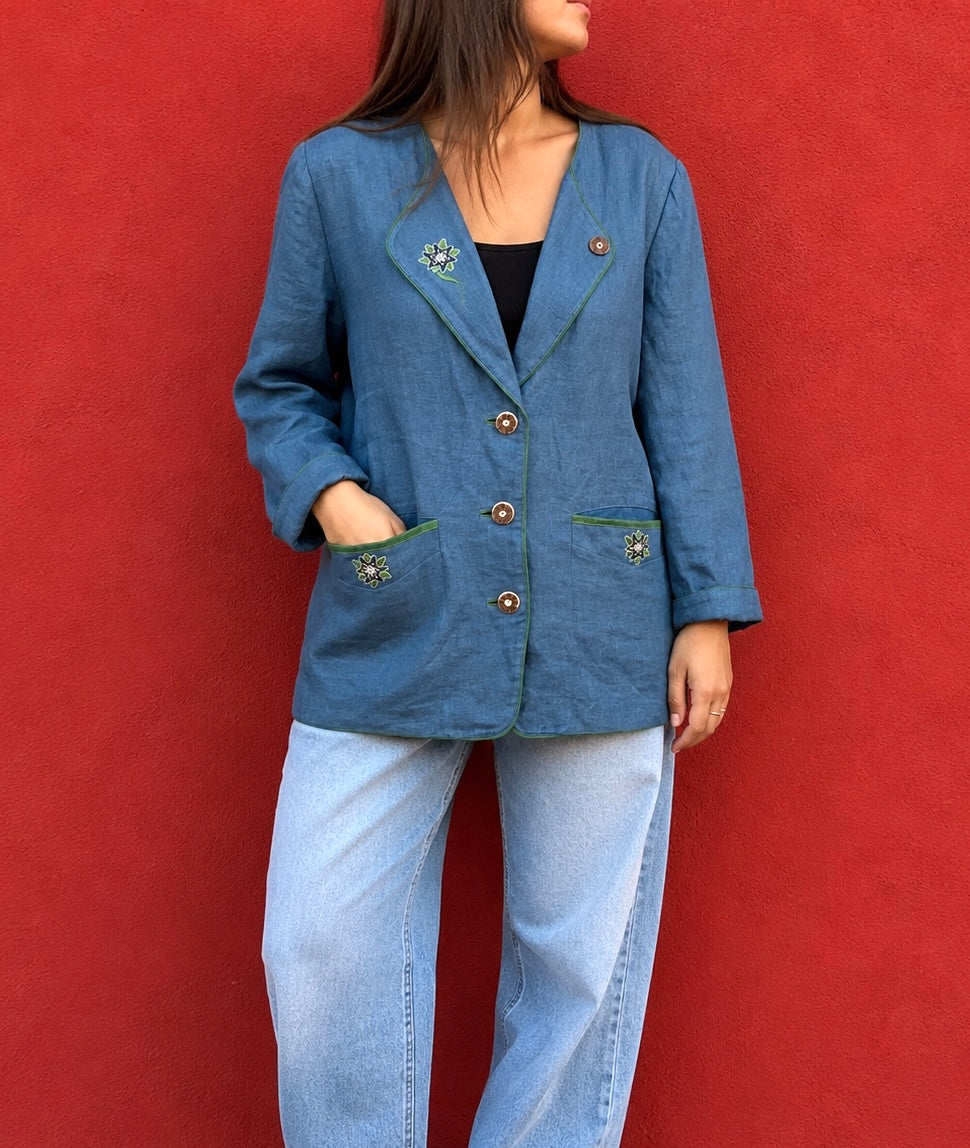 Giacca tirolese vintage in lino 100% Nockstein Trachten con ricami – TG 40