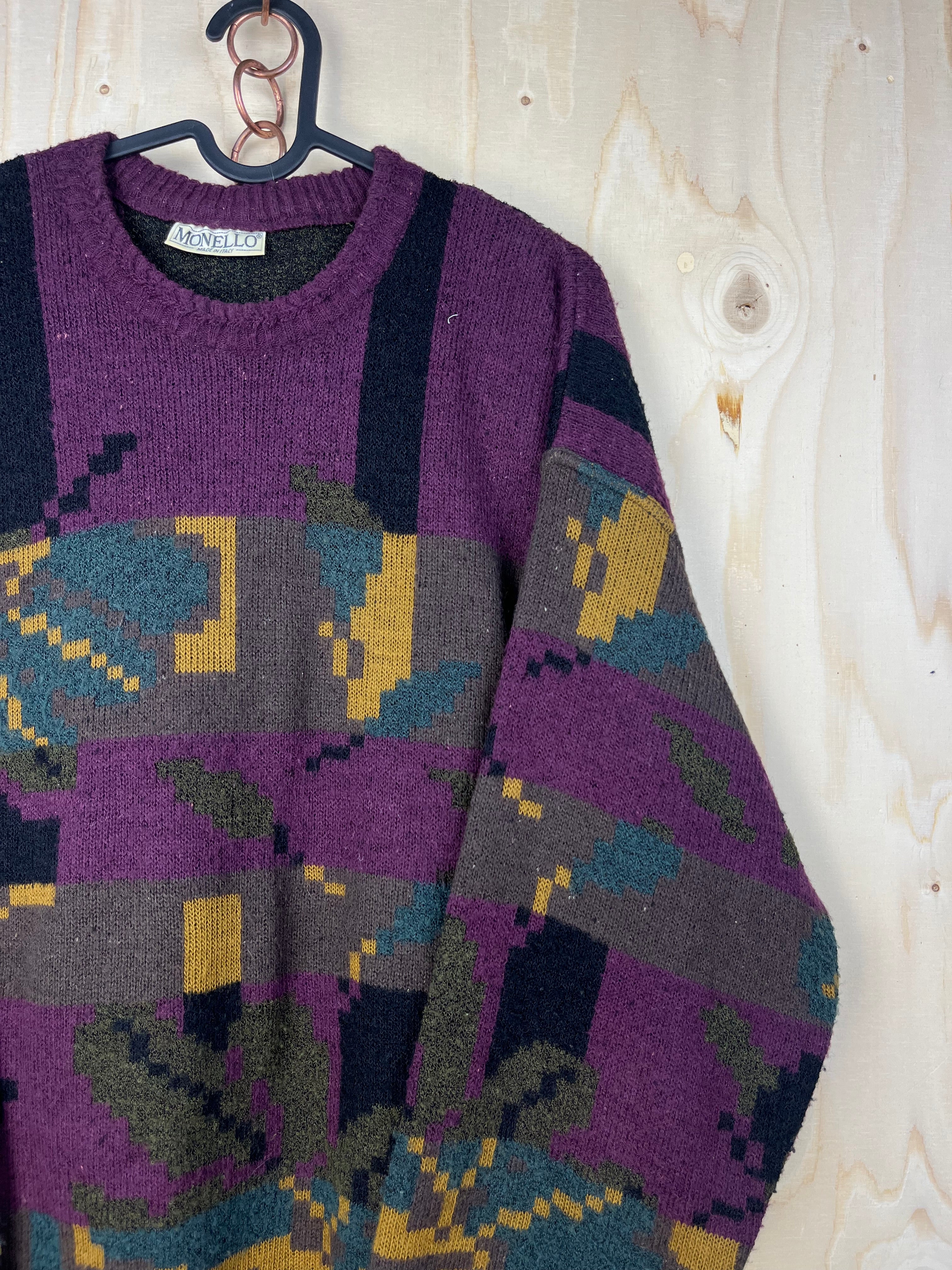 Vintage Italian Alpaca Blend Pattern Sweater Purple Abstract Knit Made in Italy