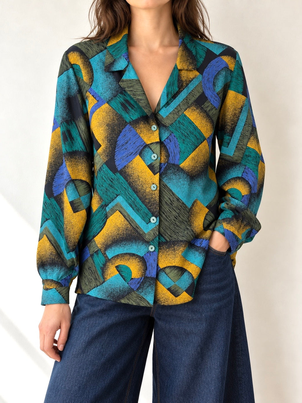 Camicia vintage fantasia geometrica – turchese e senape