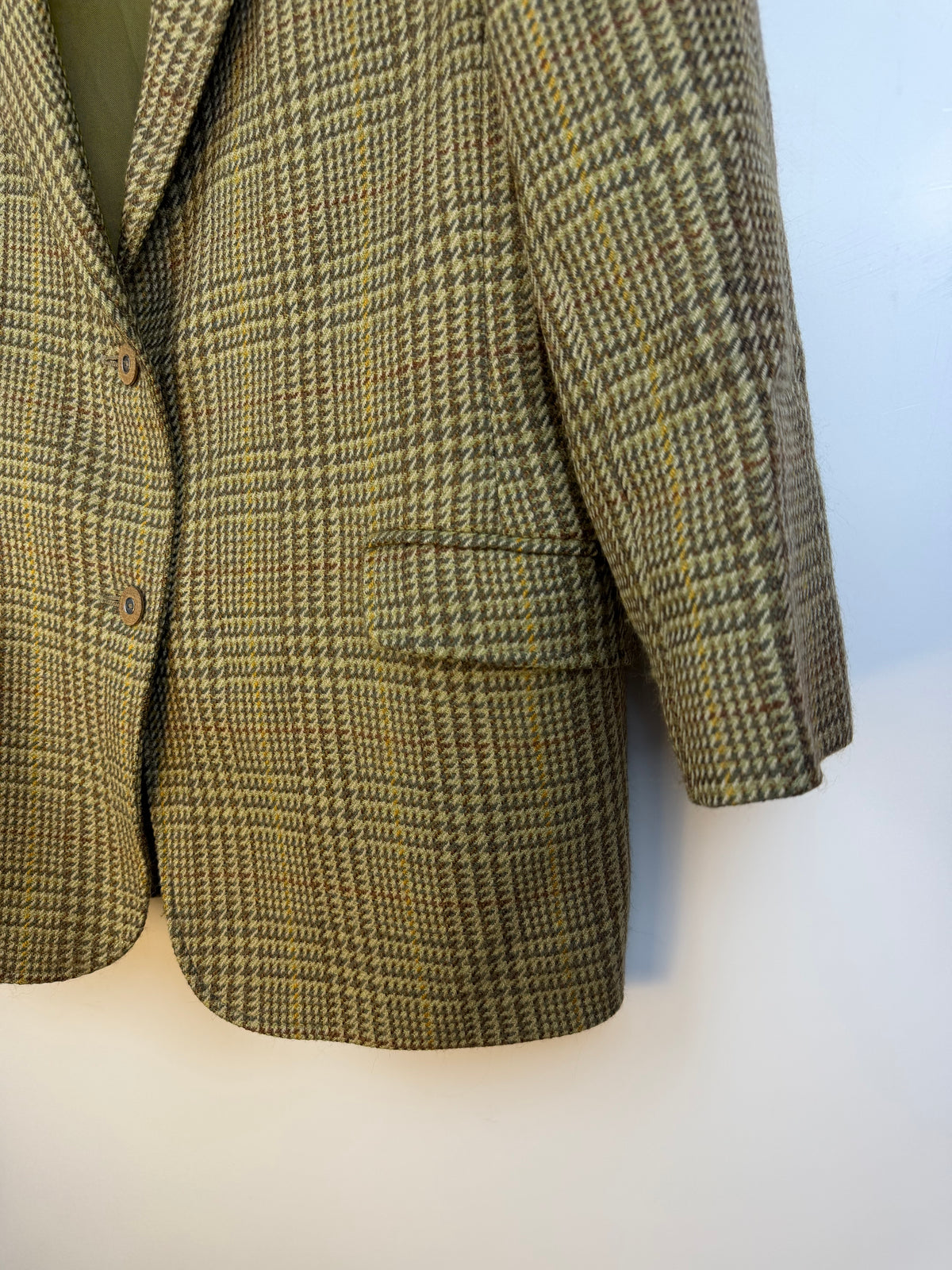 Blazer vintage 80s in lana vergine – check verde e collo a contrasto