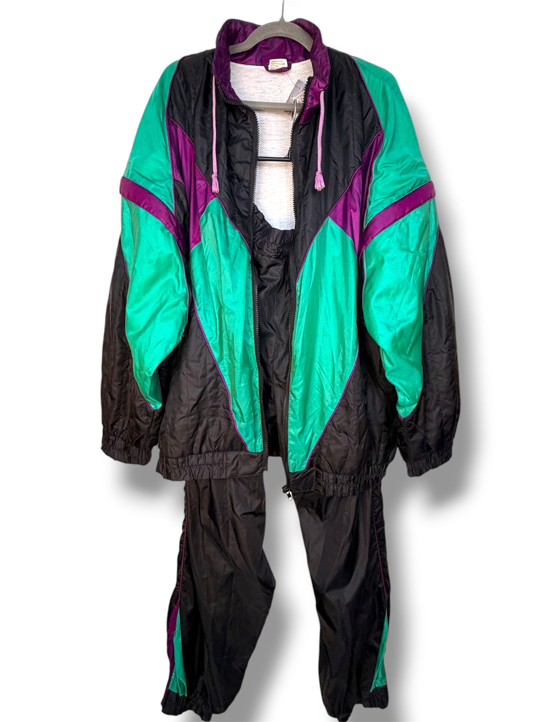 Completo Vintage Anni ’90 Color Block Nero, Verde Acqua e Viola con Maniche Removibili – XL