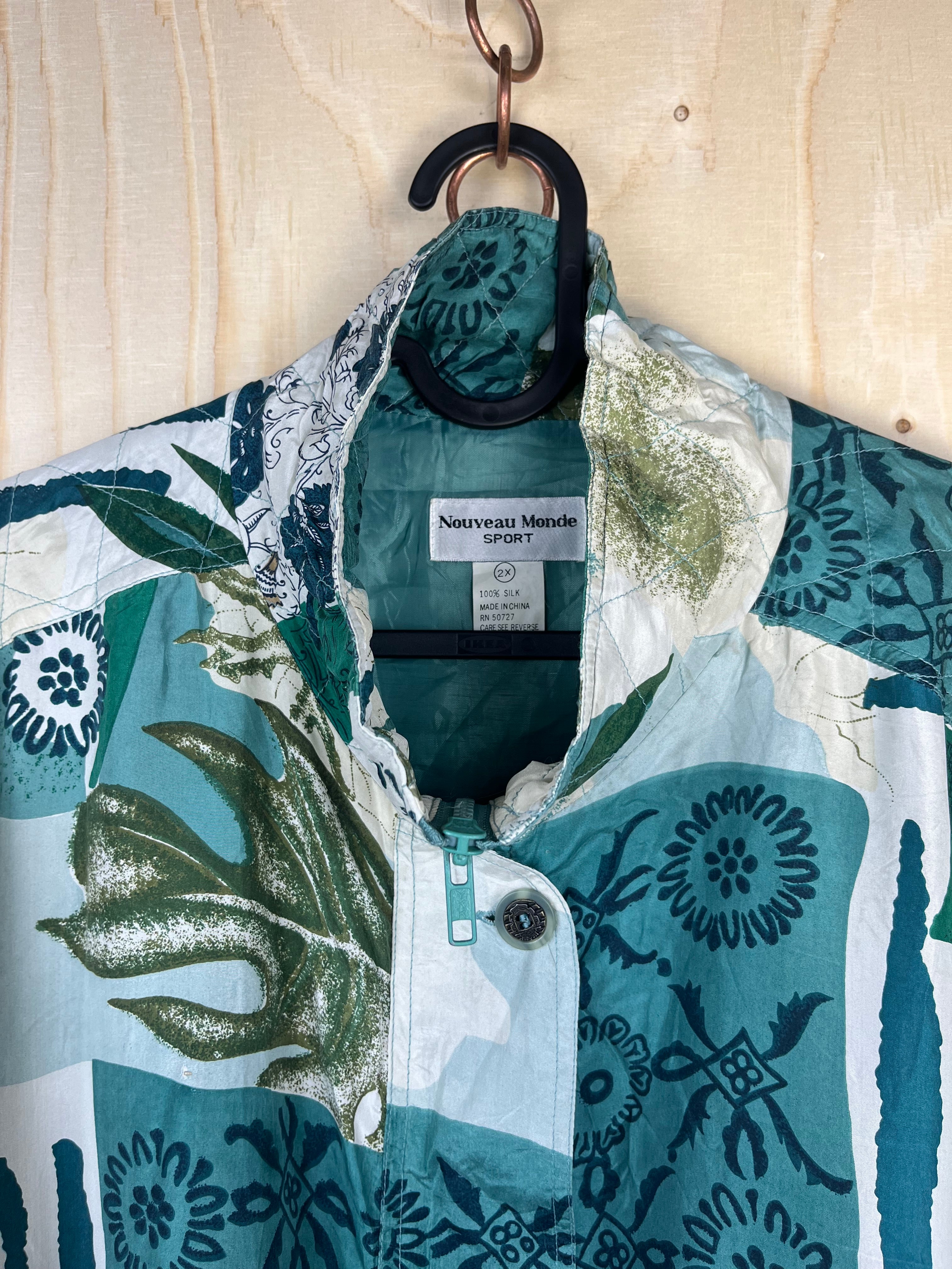 Vintage Silk Patterned Jacket Green Oversize 90s