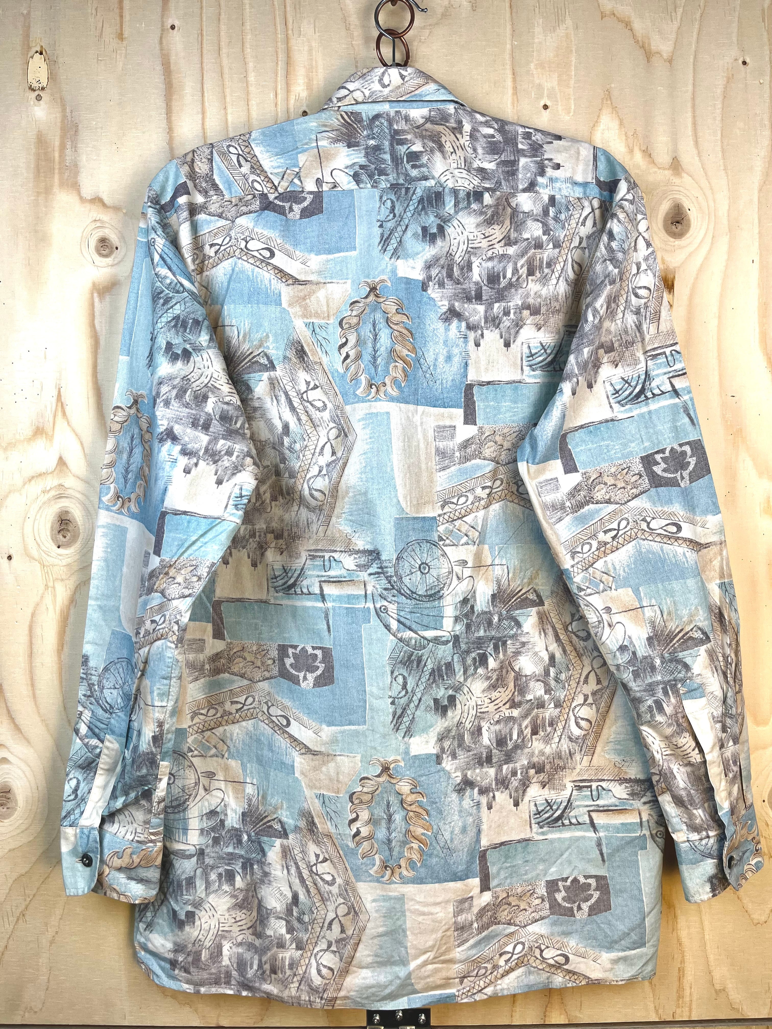 Vintage Artistic Pattern Shirt – Light Blue Retro Long Sleeve