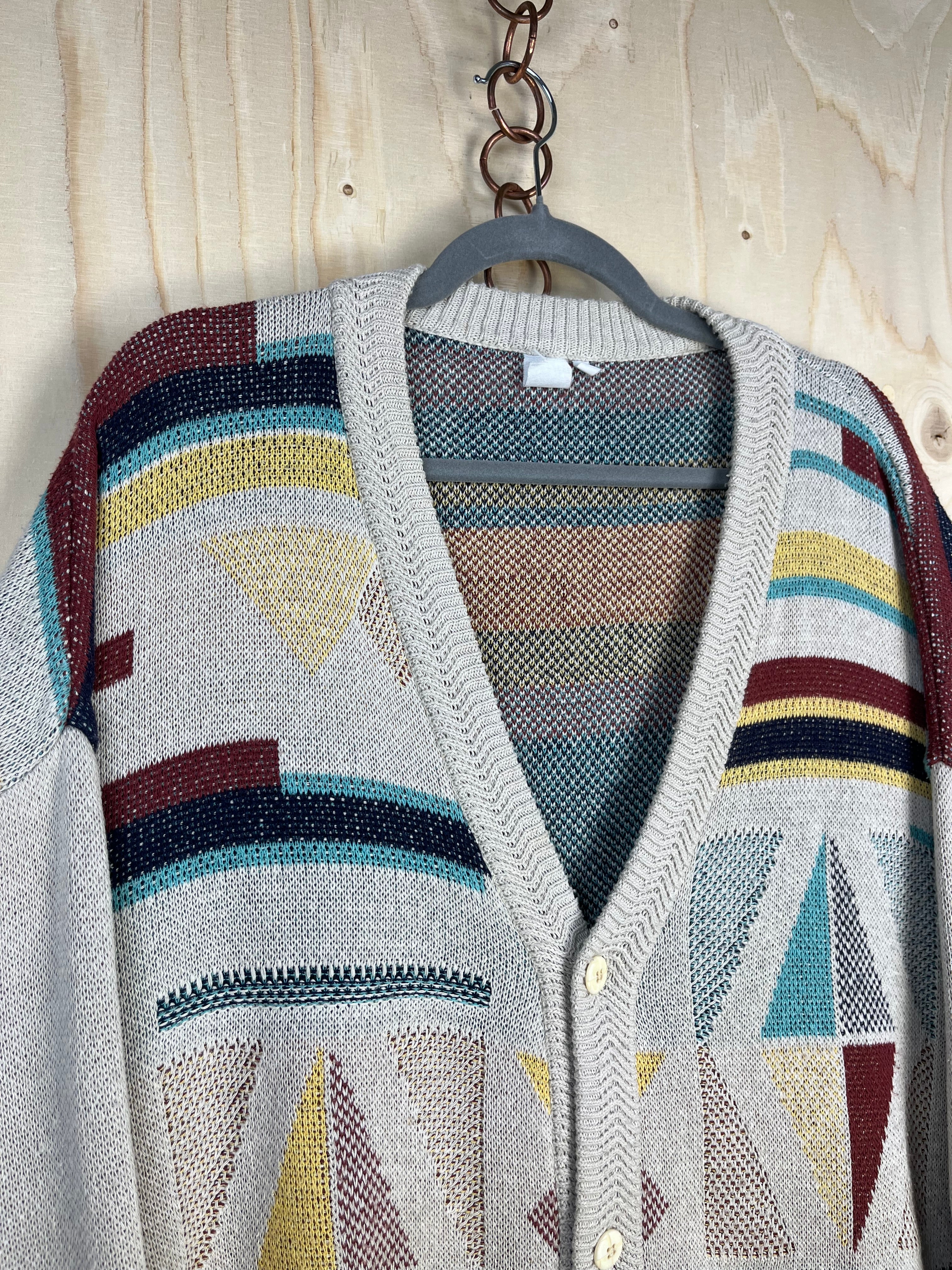 Vintage Geometric Pattern Cardigan Oversize Cotton Blend 90s