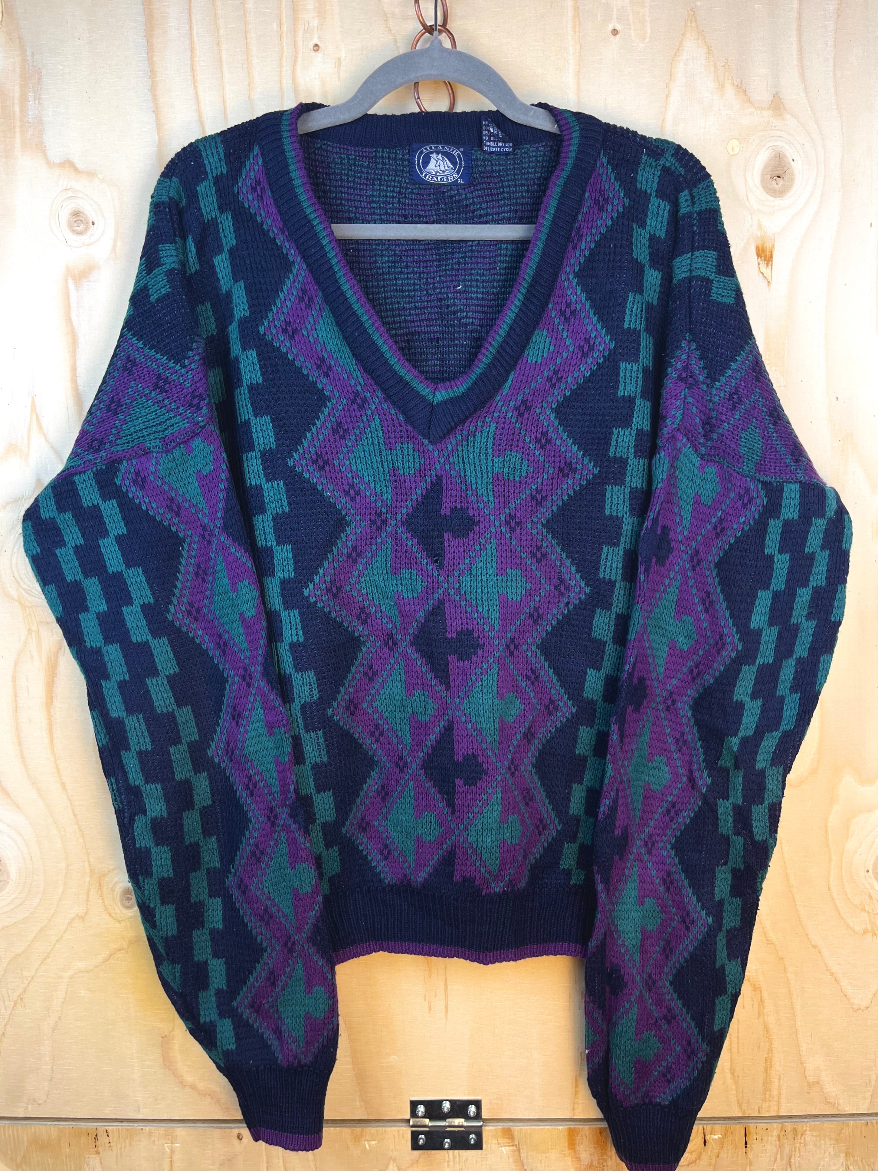 Vintage Pattern Knit Sweater Purple & Green