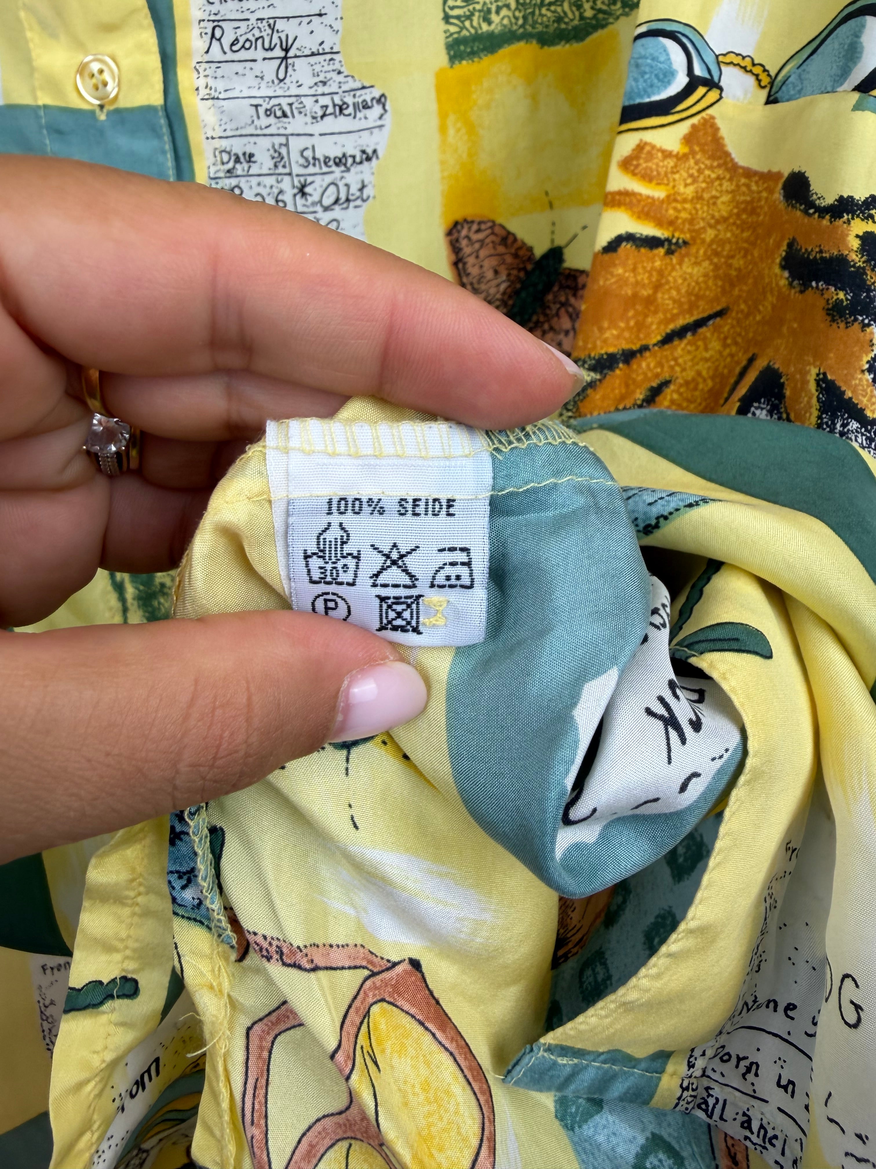 Camicia vintage 100% seta fantasia astratta gialla e verde