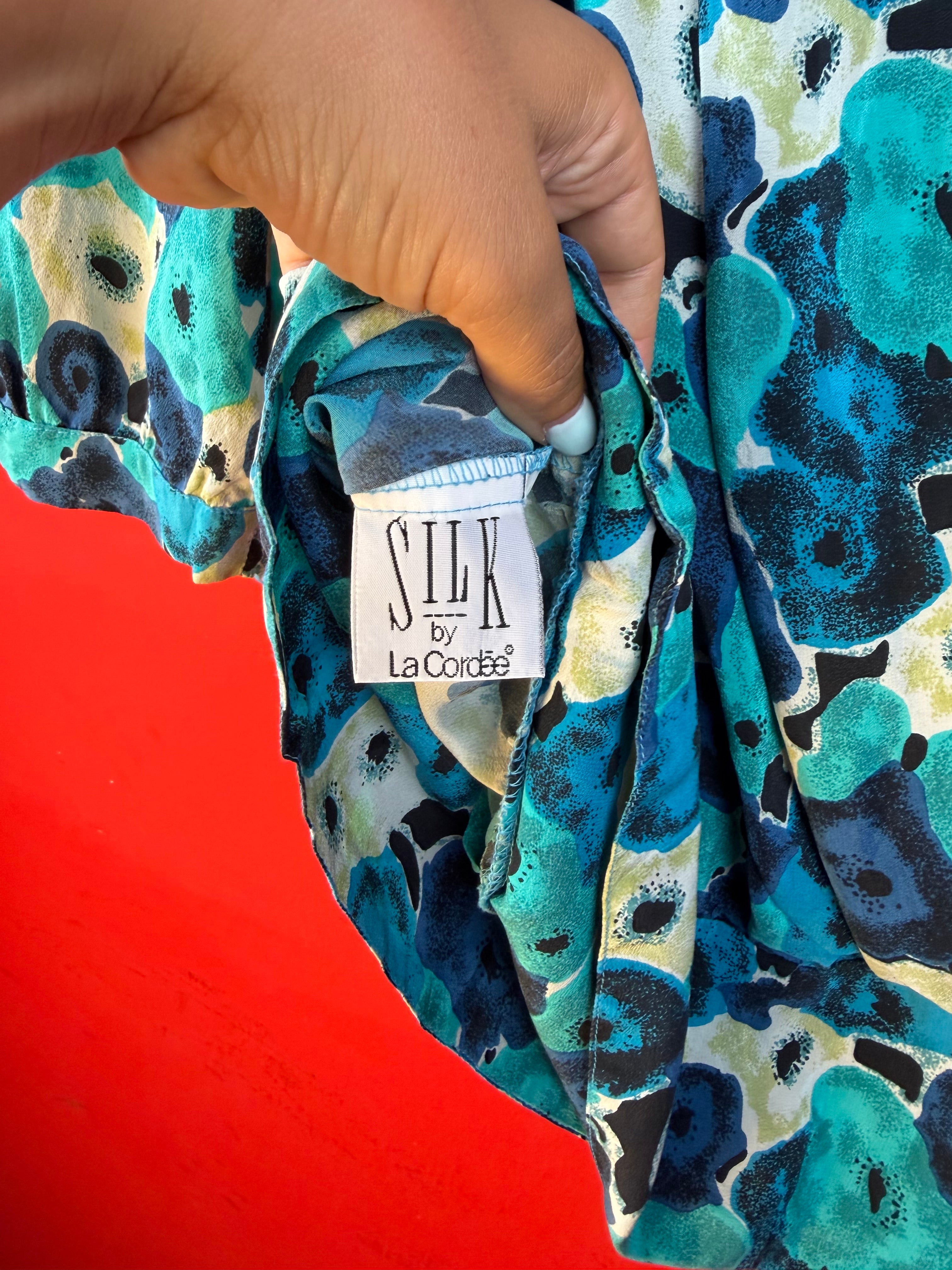 Blusa Vintage 100% Seta Fantasia Blu e Turchese