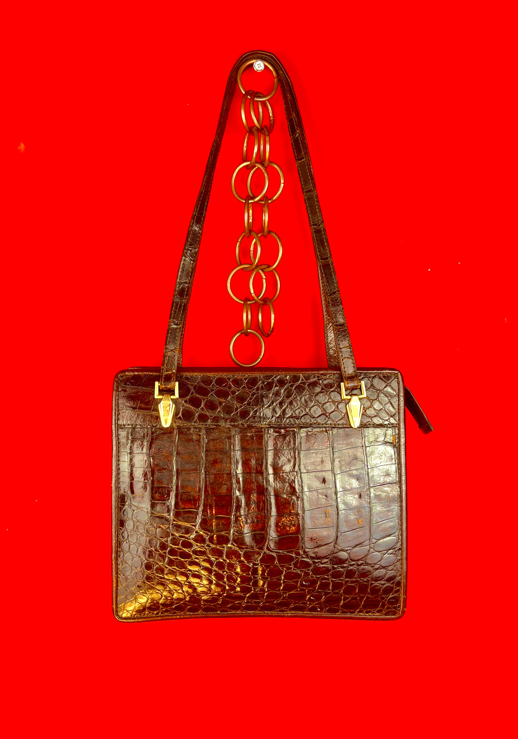 Borsa Vintage Effetto Coccodrillo Marrone Lucida Anni 90