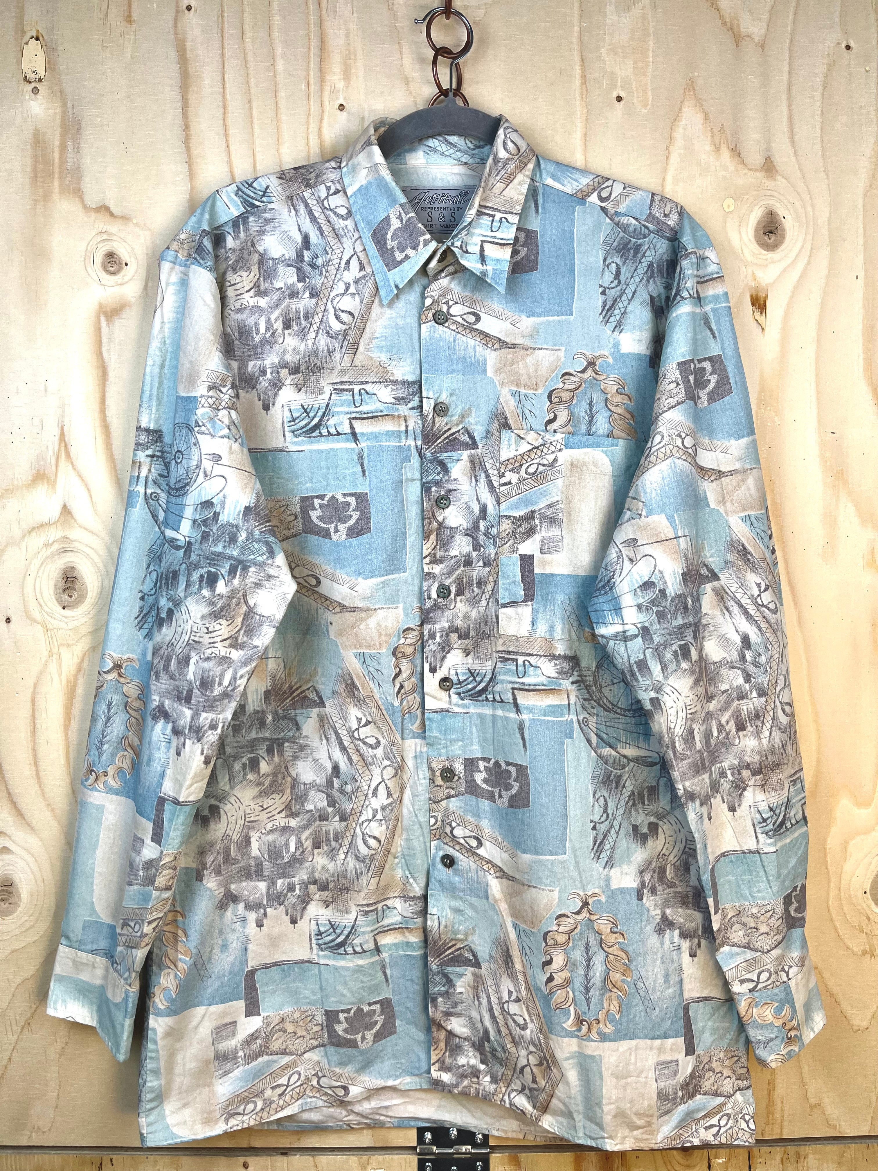 Vintage Artistic Pattern Shirt – Light Blue Retro Long Sleeve