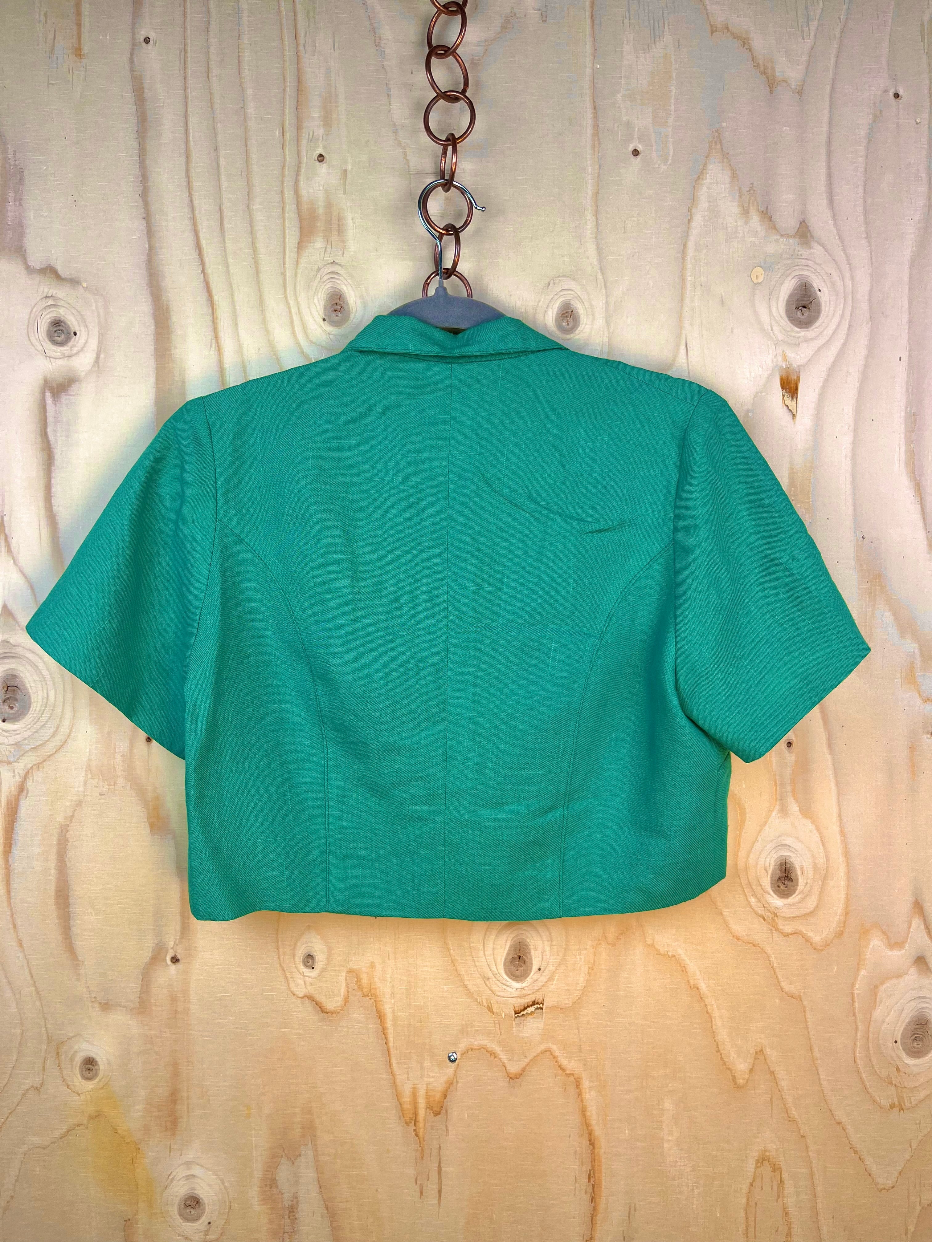 Vintage Linen Cropped Blazer – Emerald Green