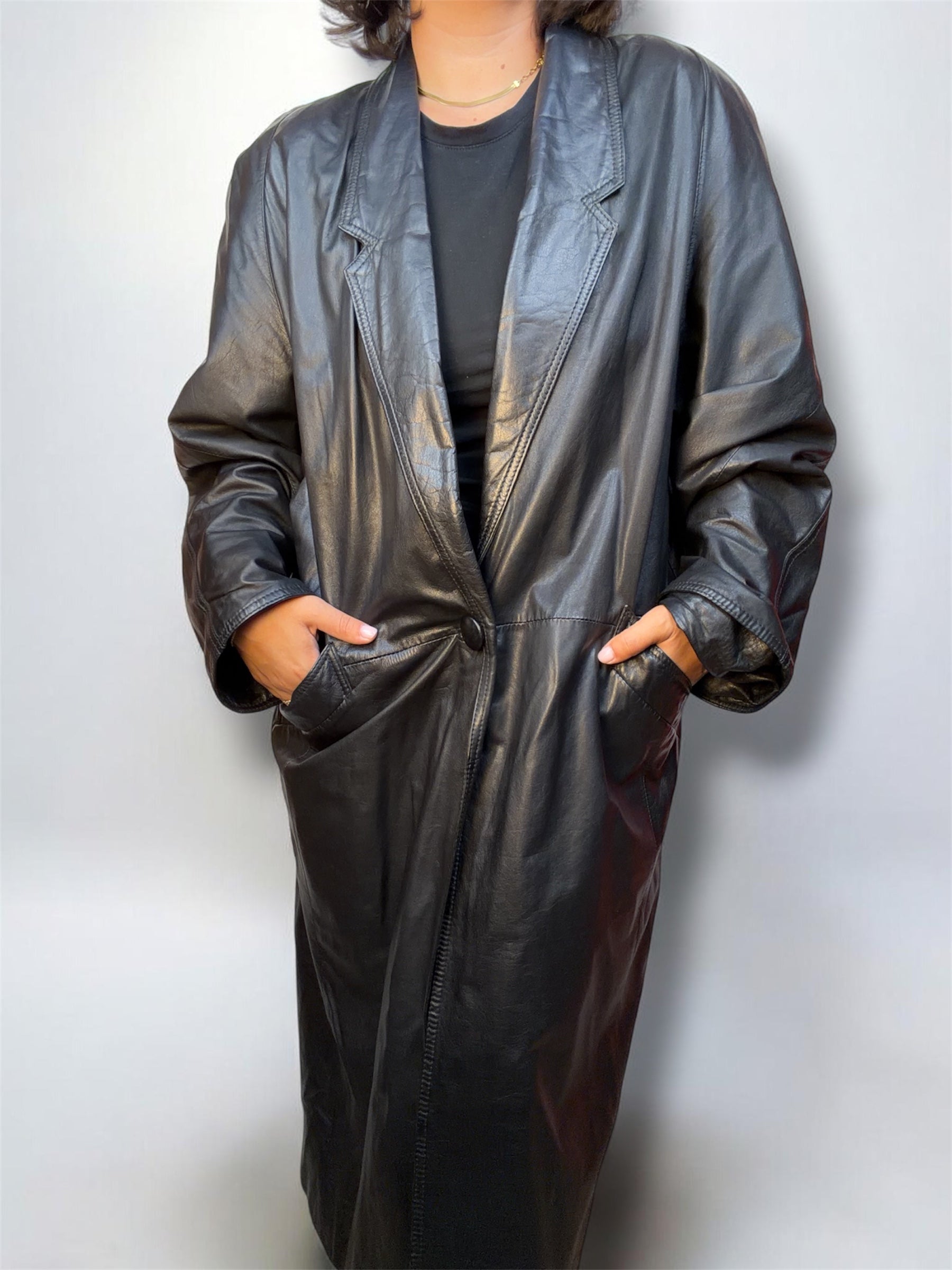Trench vintage in vera pelle nera LOTUS Fashion anni ’90