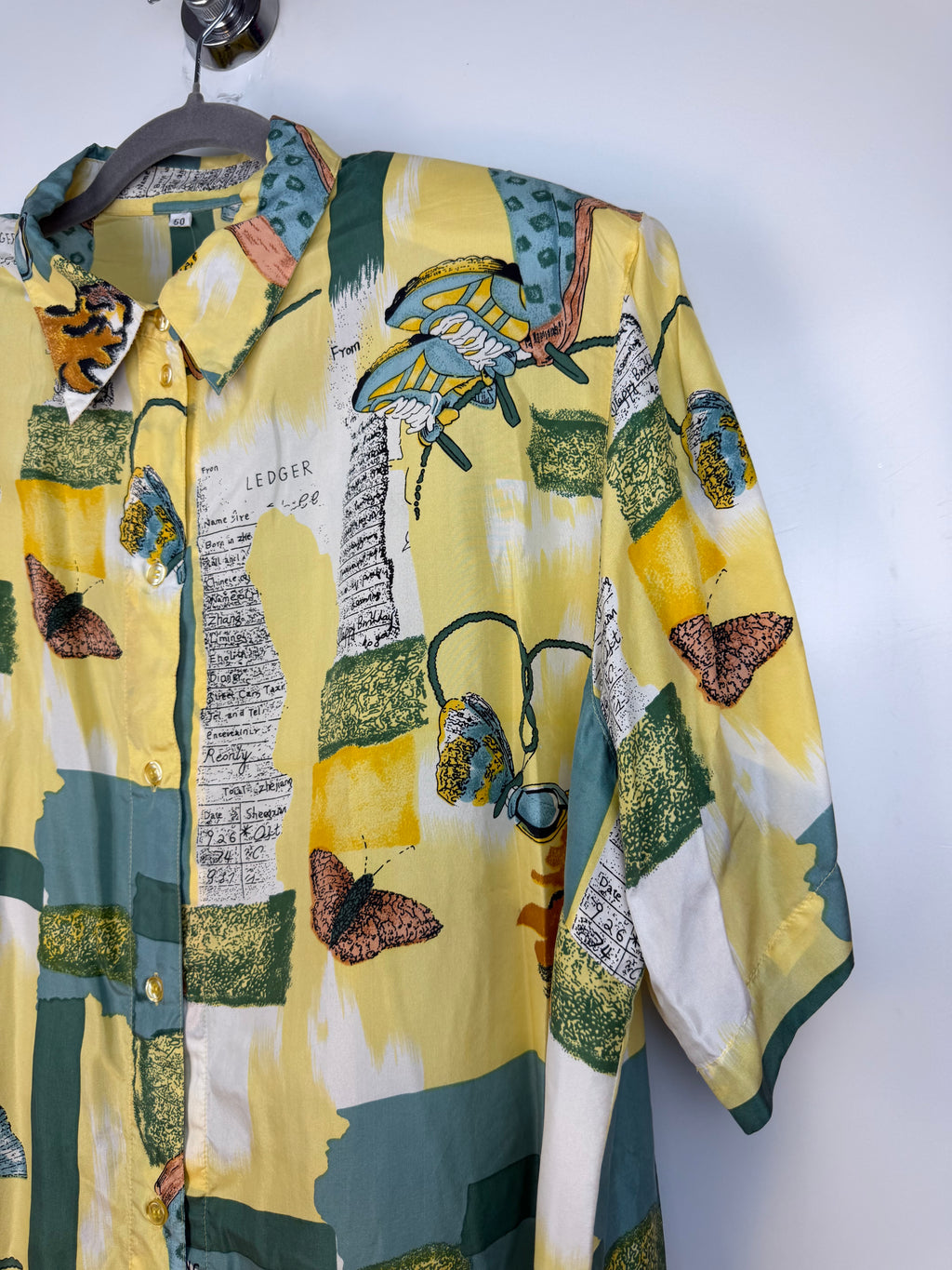 Camicia vintage 100% seta fantasia astratta gialla e verde