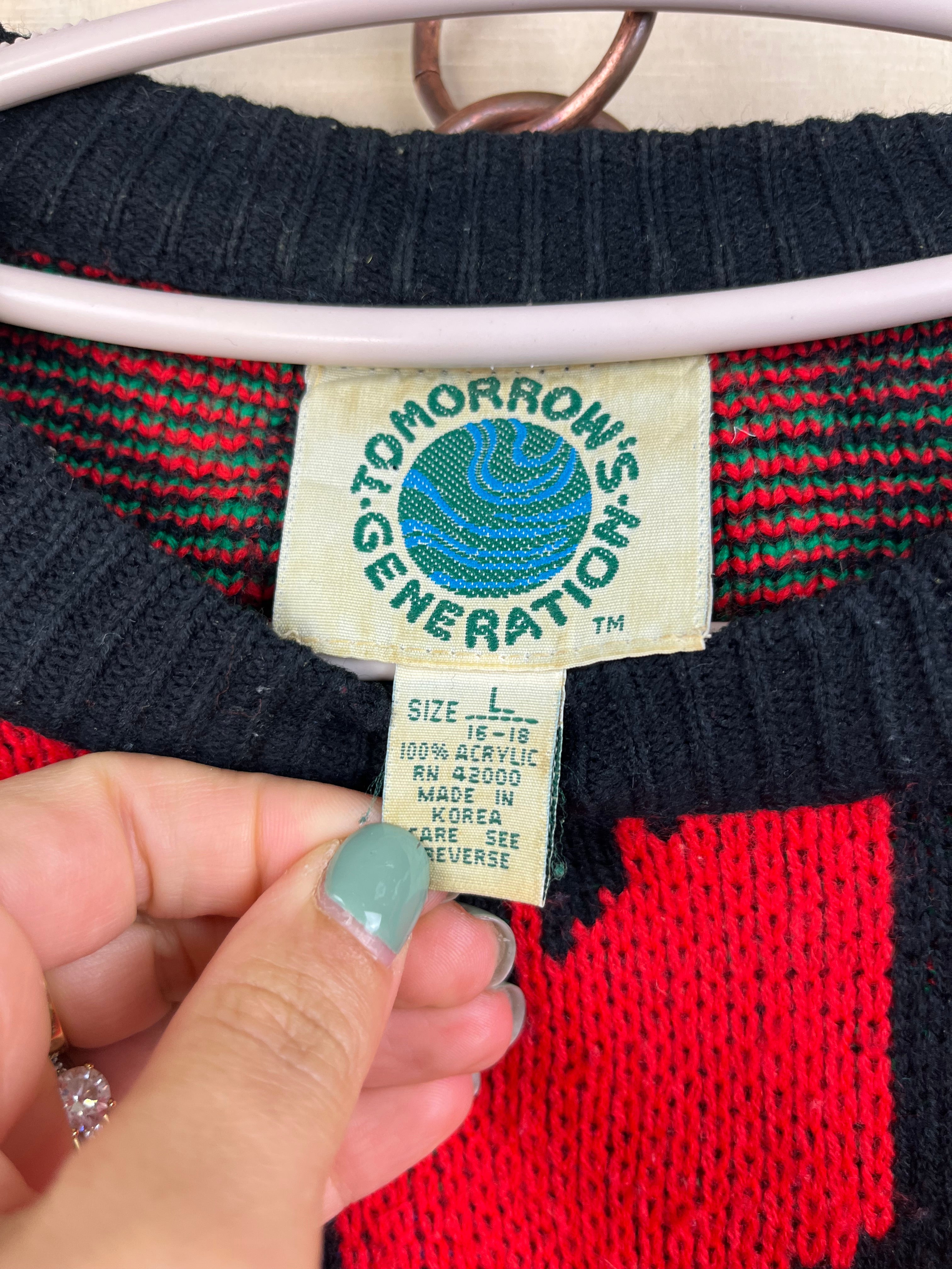 Vintage 90s Geometric Knit Sweater – Red & Black Oversized