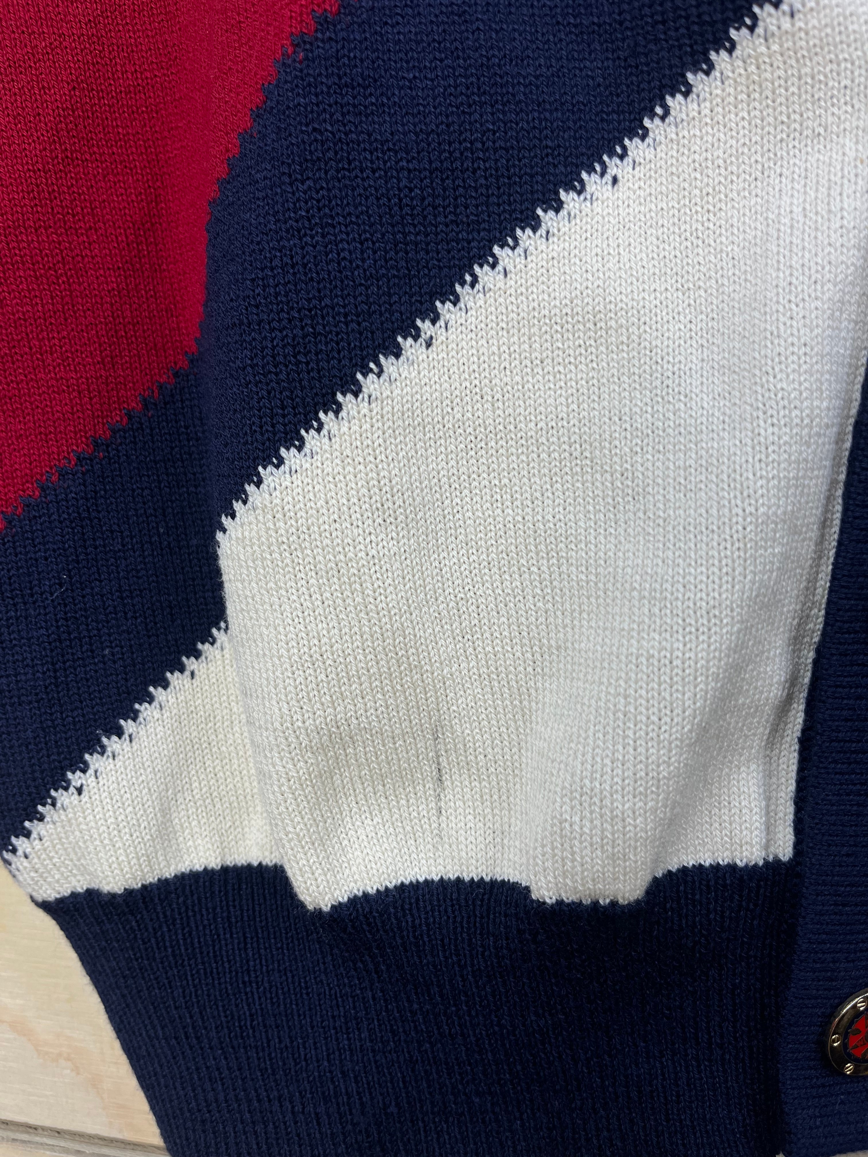 Vintage Italian Pure Wool Cardigan Geometric Pattern Navy Blue Oversized Fit