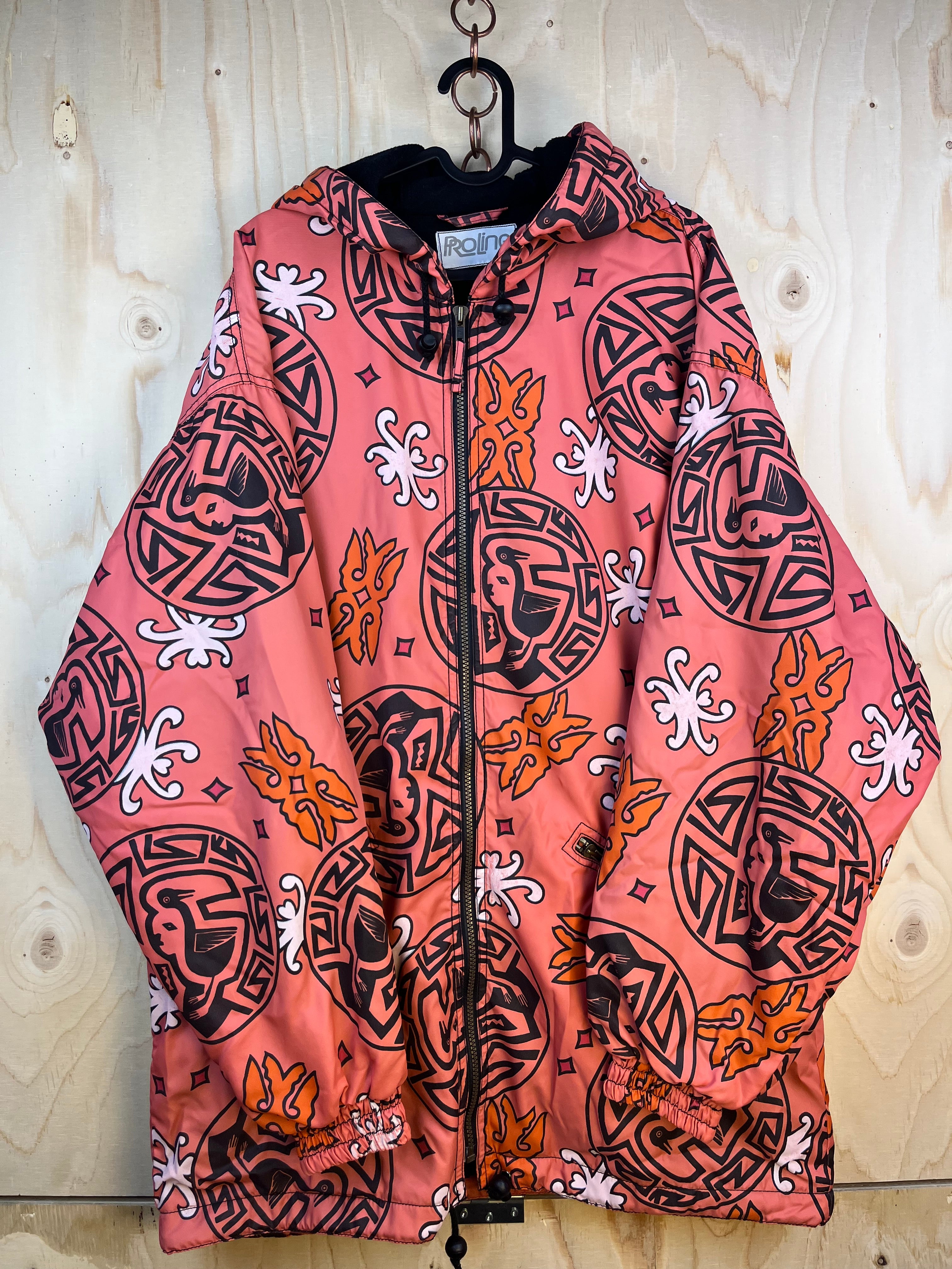 Vintage Pattern Hooded Jacket Coral Tribal Print Fleece Lined XL