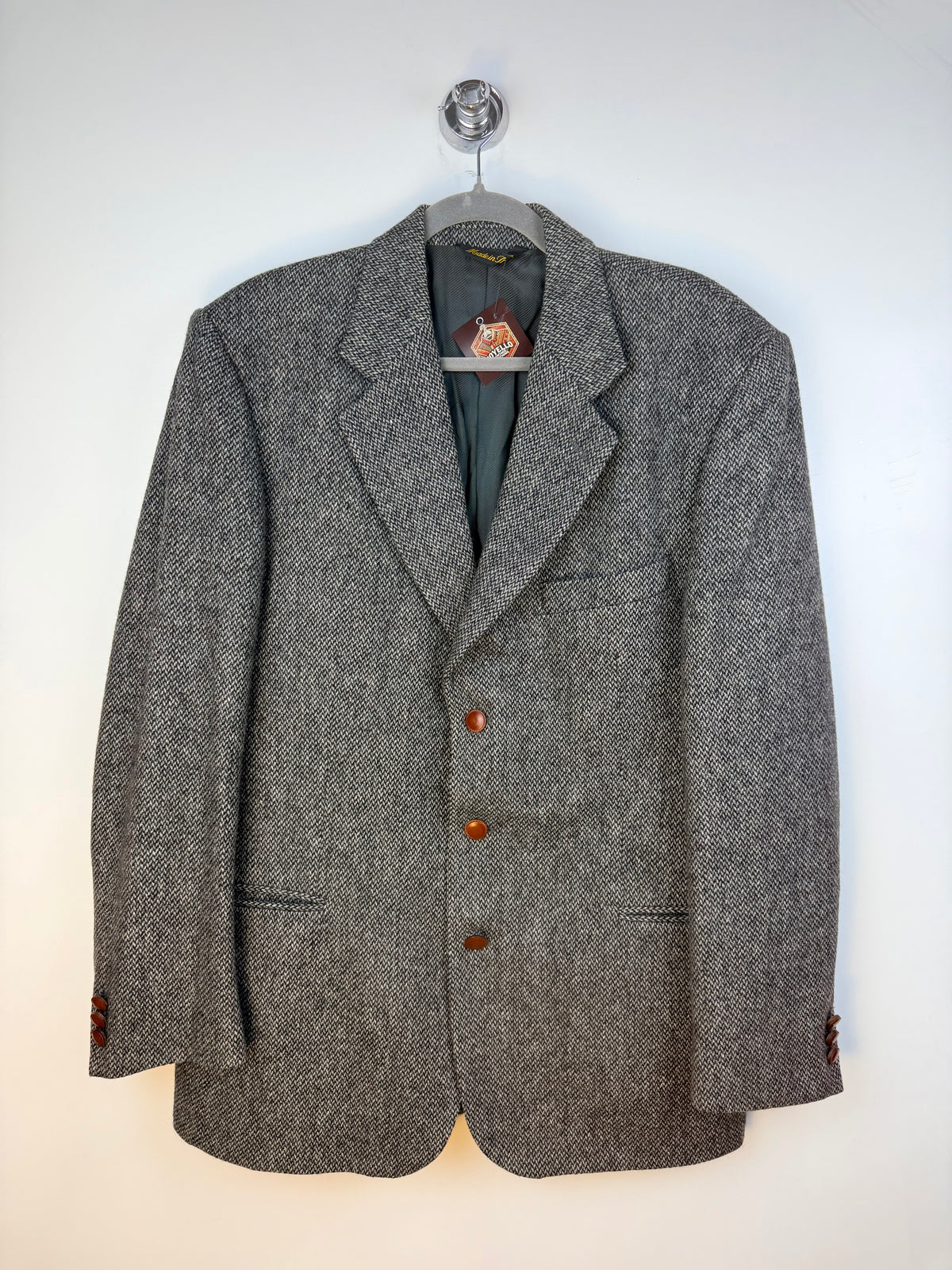Blazer vintage in tweed grigio in pura lana vergine – Taglia 52