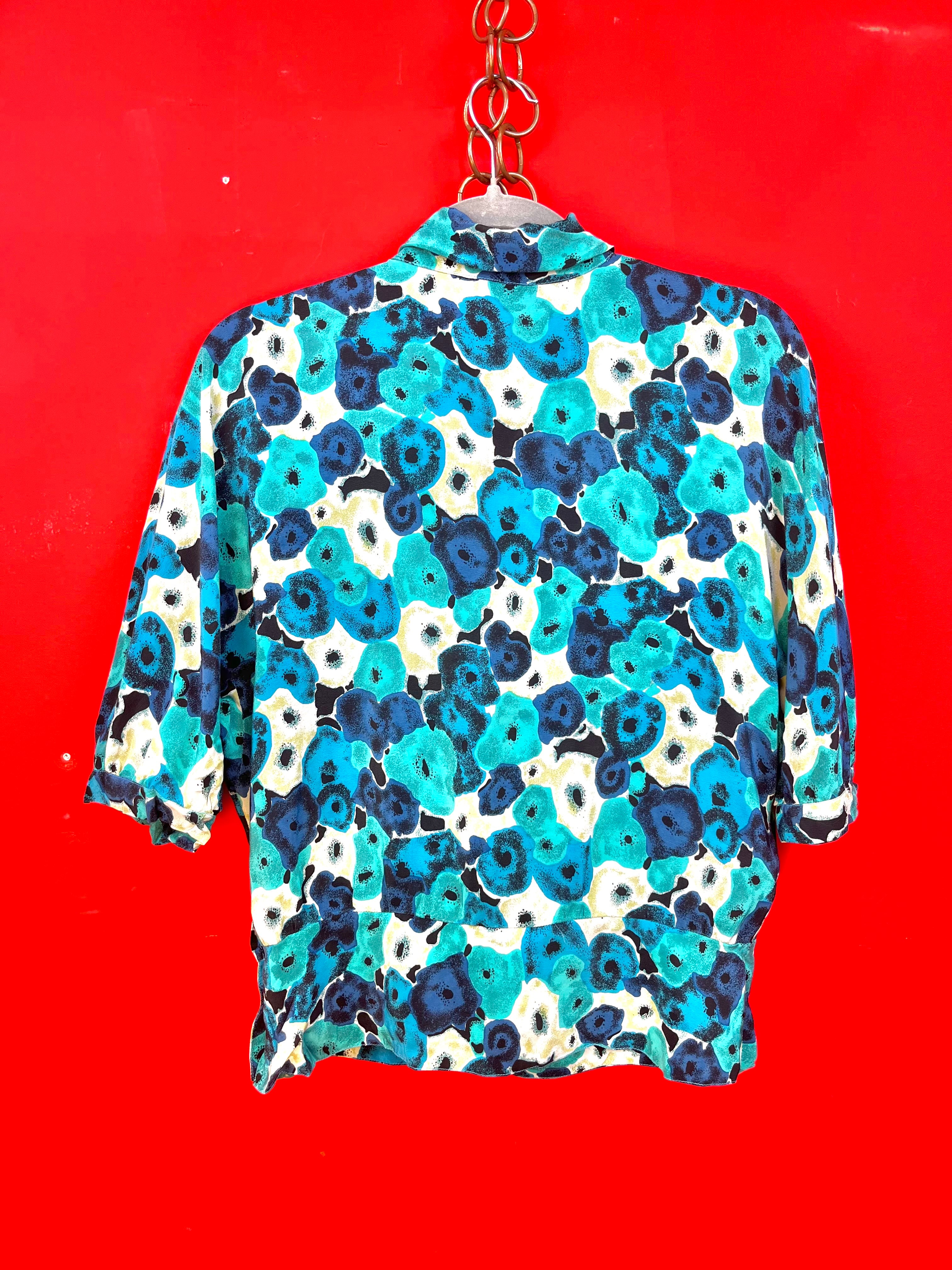 Blusa vintage pura seta fantasia astratta blu e turchese