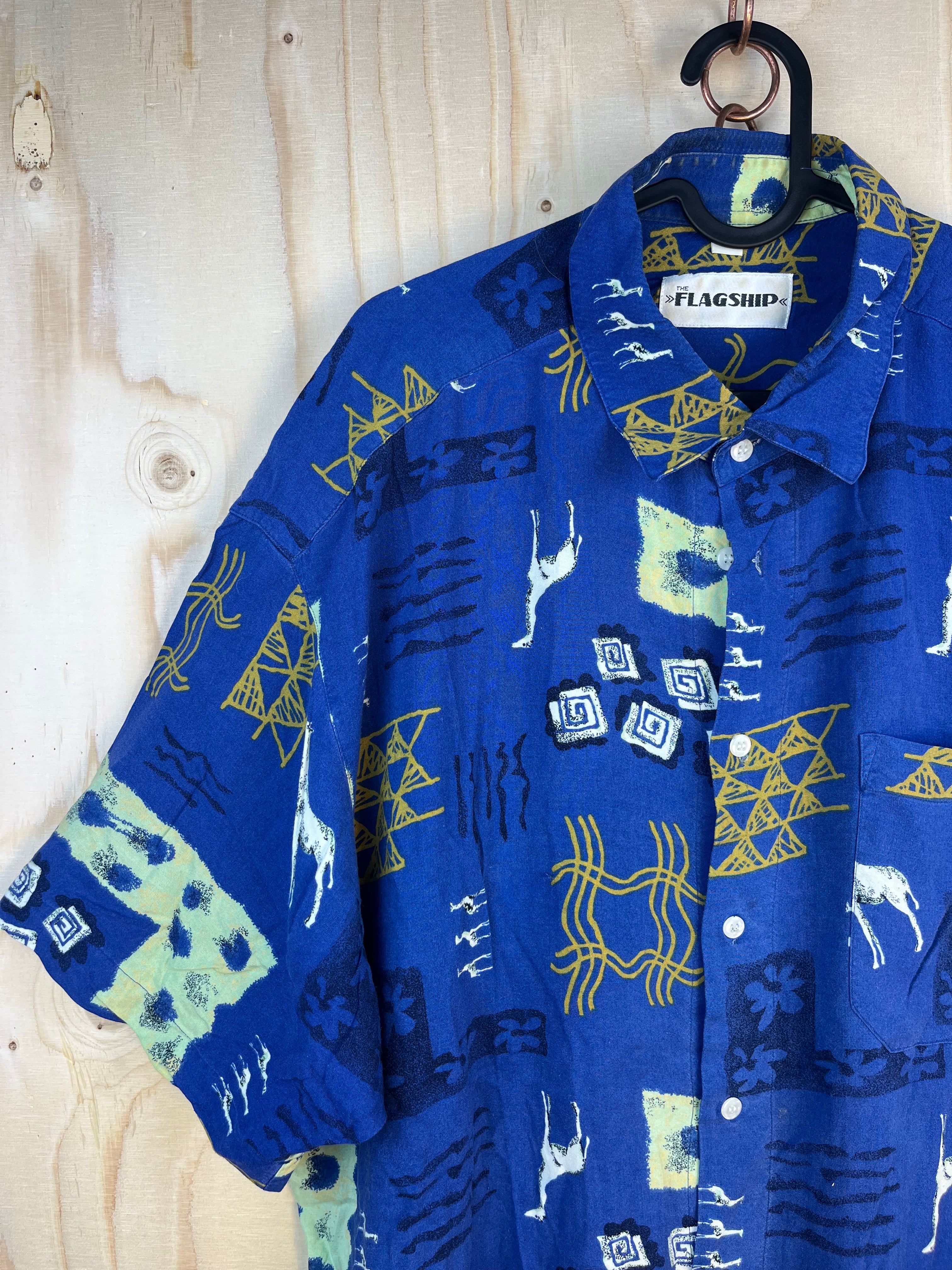 Vintage Abstract Print Short Sleeve Shirt Blue Oversized Summer Shirt XL