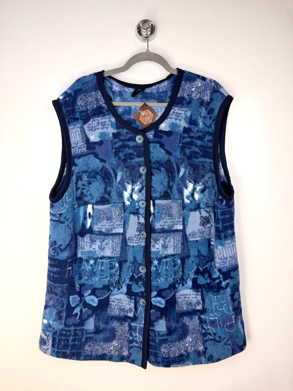 Gilet vintage lungo in pile blu con fantasia astratta