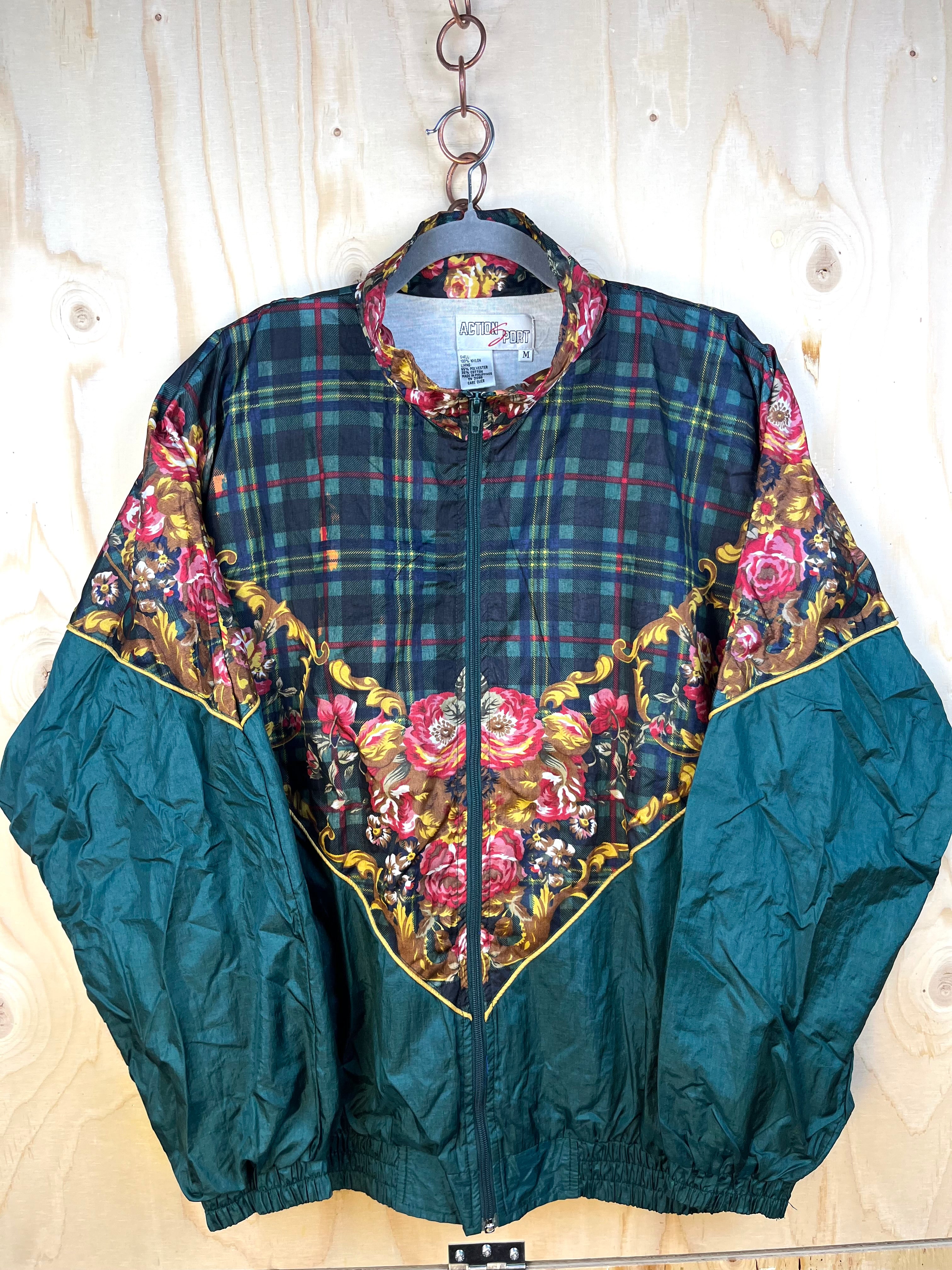 Vintage Patterned Windbreaker Jacket Floral & Tartan Green – Size M