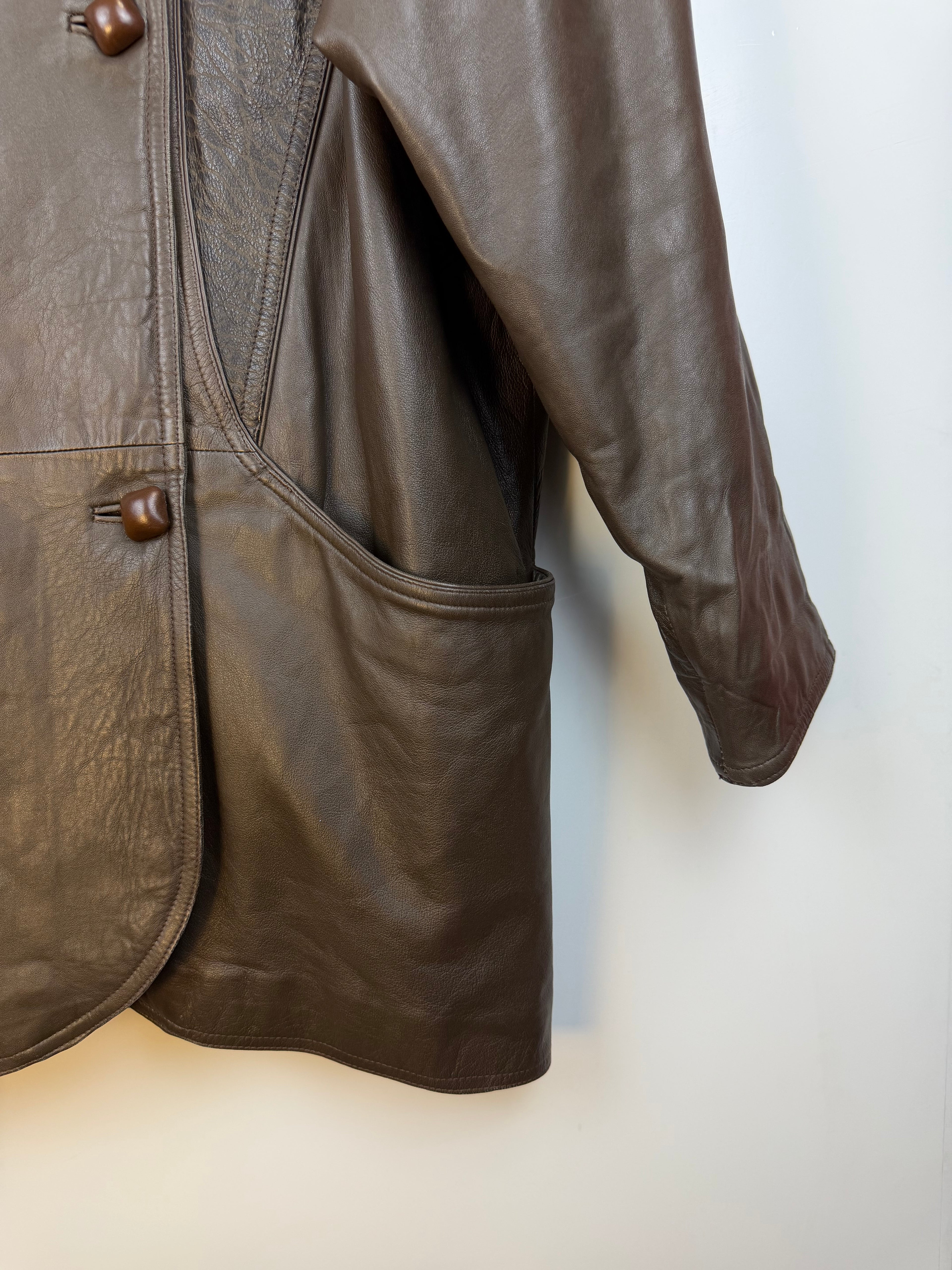 Vintage 90s Genuine Leather Oversized Jacket – Brown – Size 42 (Fits L)