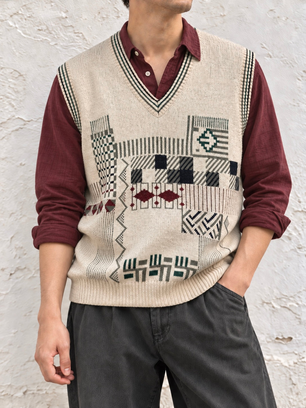 Gilet vintage beige in misto lana con fantasia geometrica