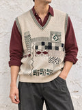 Gilet vintage beige in misto lana con fantasia geometrica