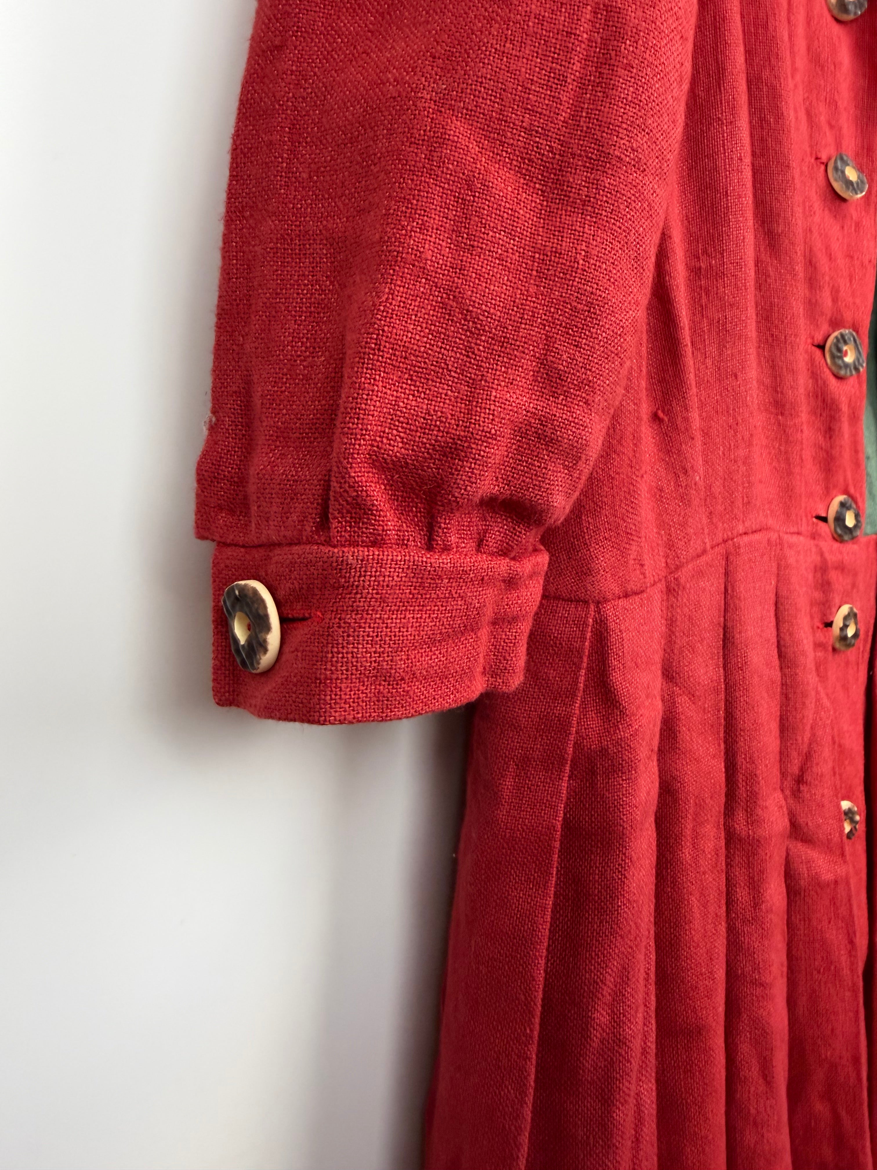 Vintage Austrian Linen Blend Dress by H. Moser – Red & Green Tirolean Maxi Dress