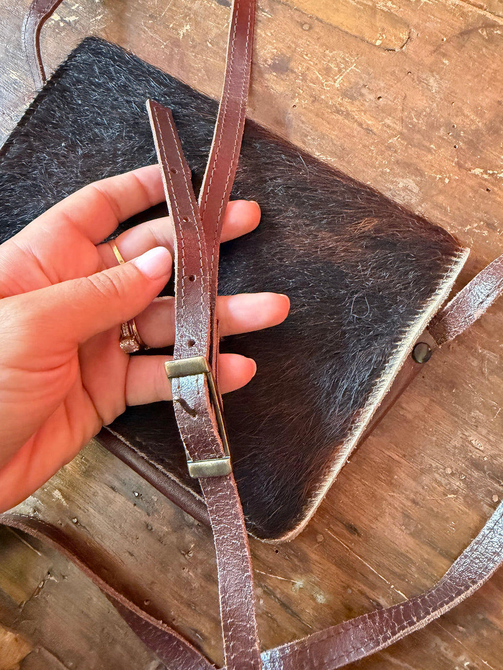 Borsa vintage in vera pelle e cavallino | Tracolla regolabile