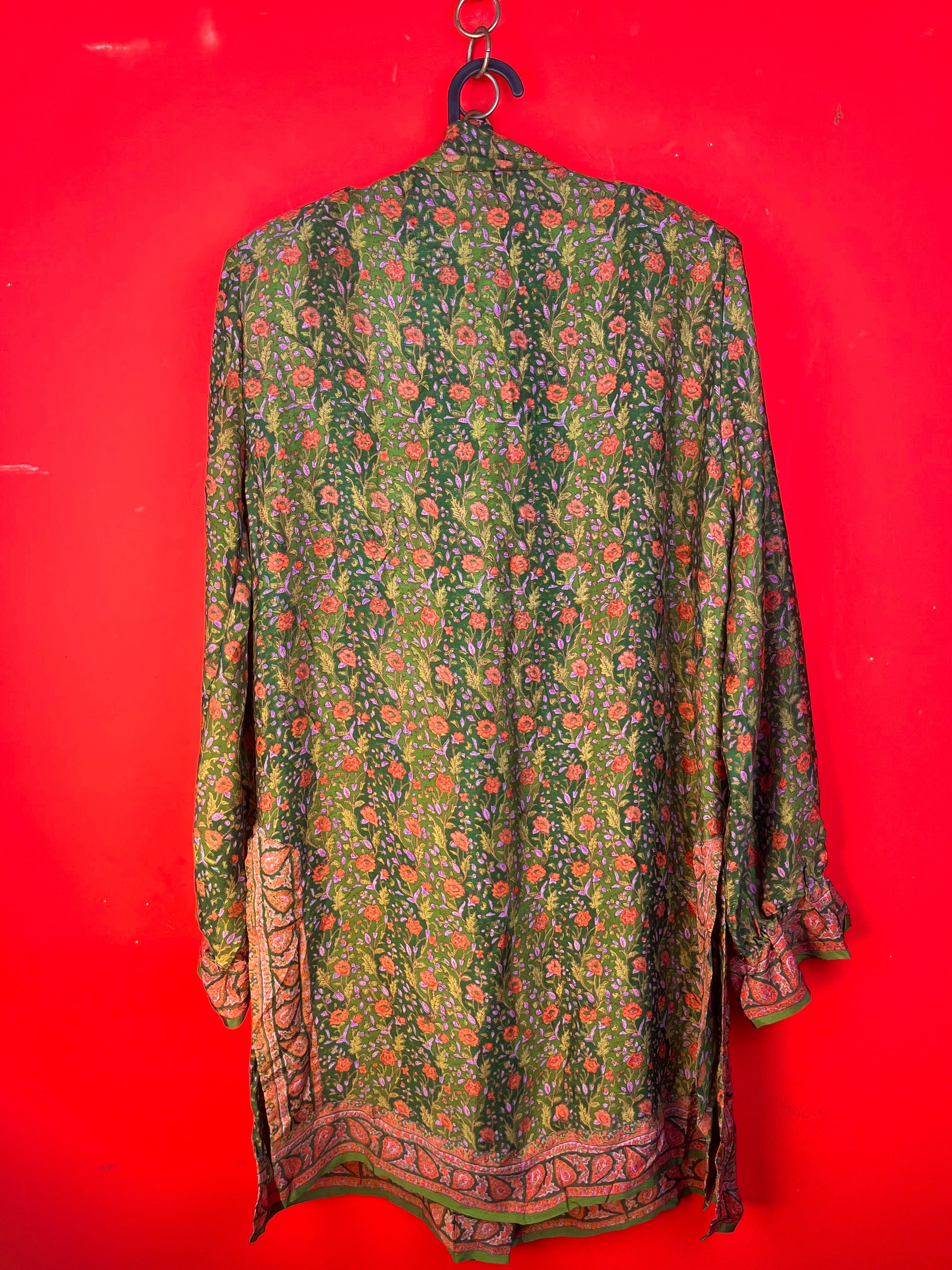 Vintage Floral Bow Dress Green Boho M/L
