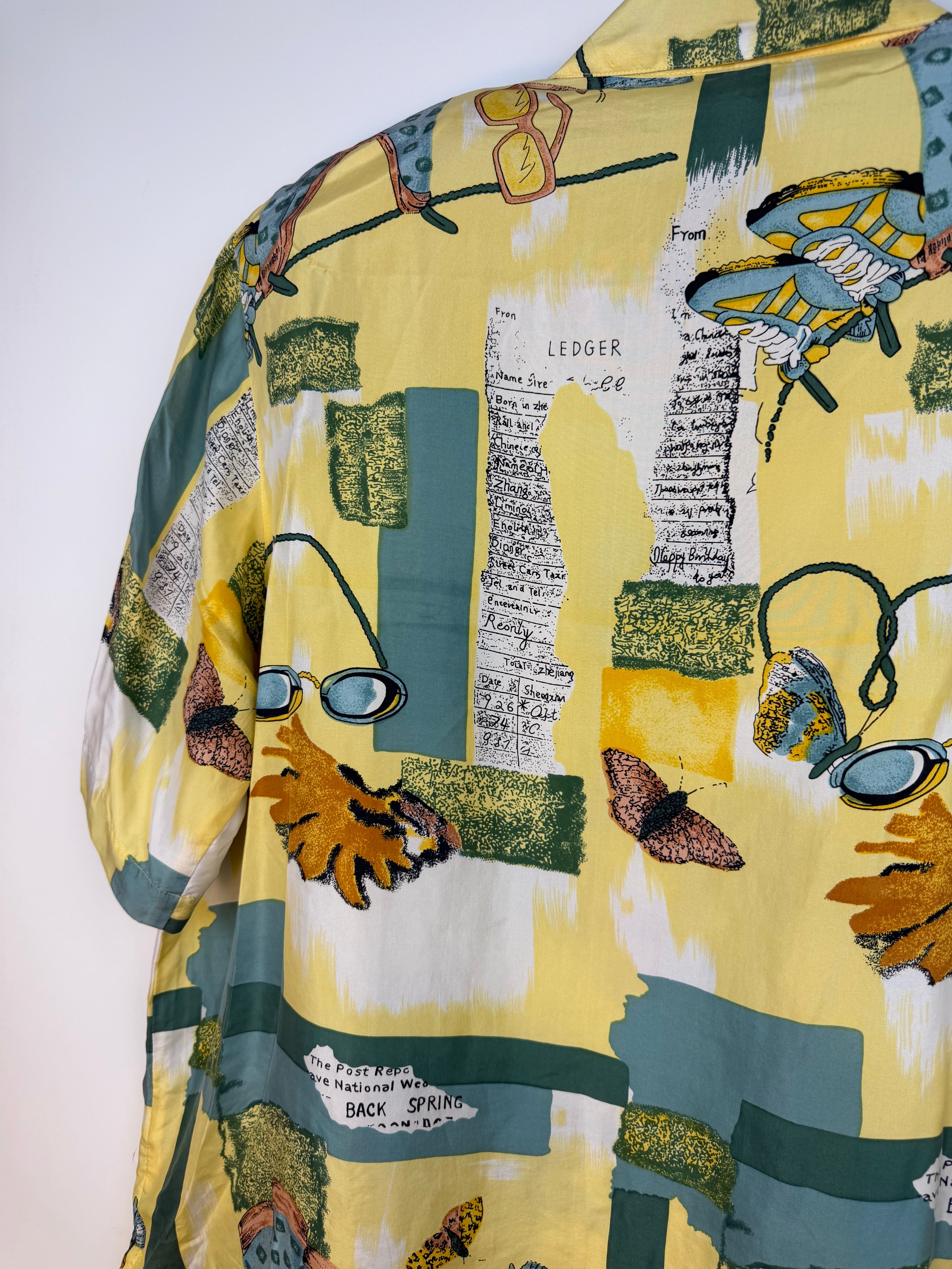 Camicia vintage 100% seta fantasia astratta gialla e verde