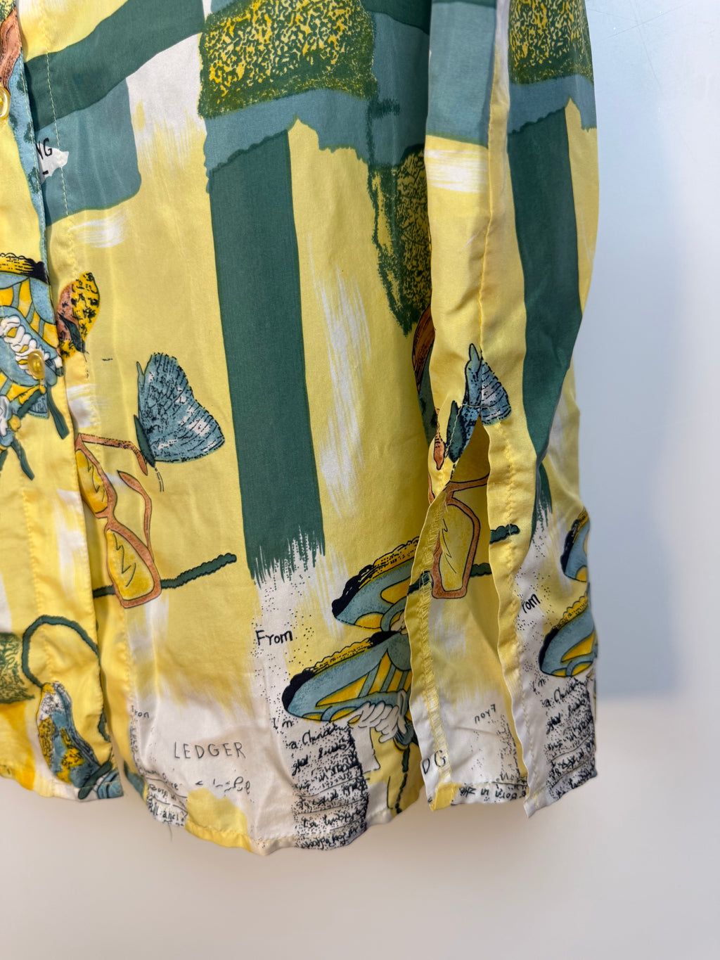 Camicia vintage 100% seta fantasia astratta gialla e verde