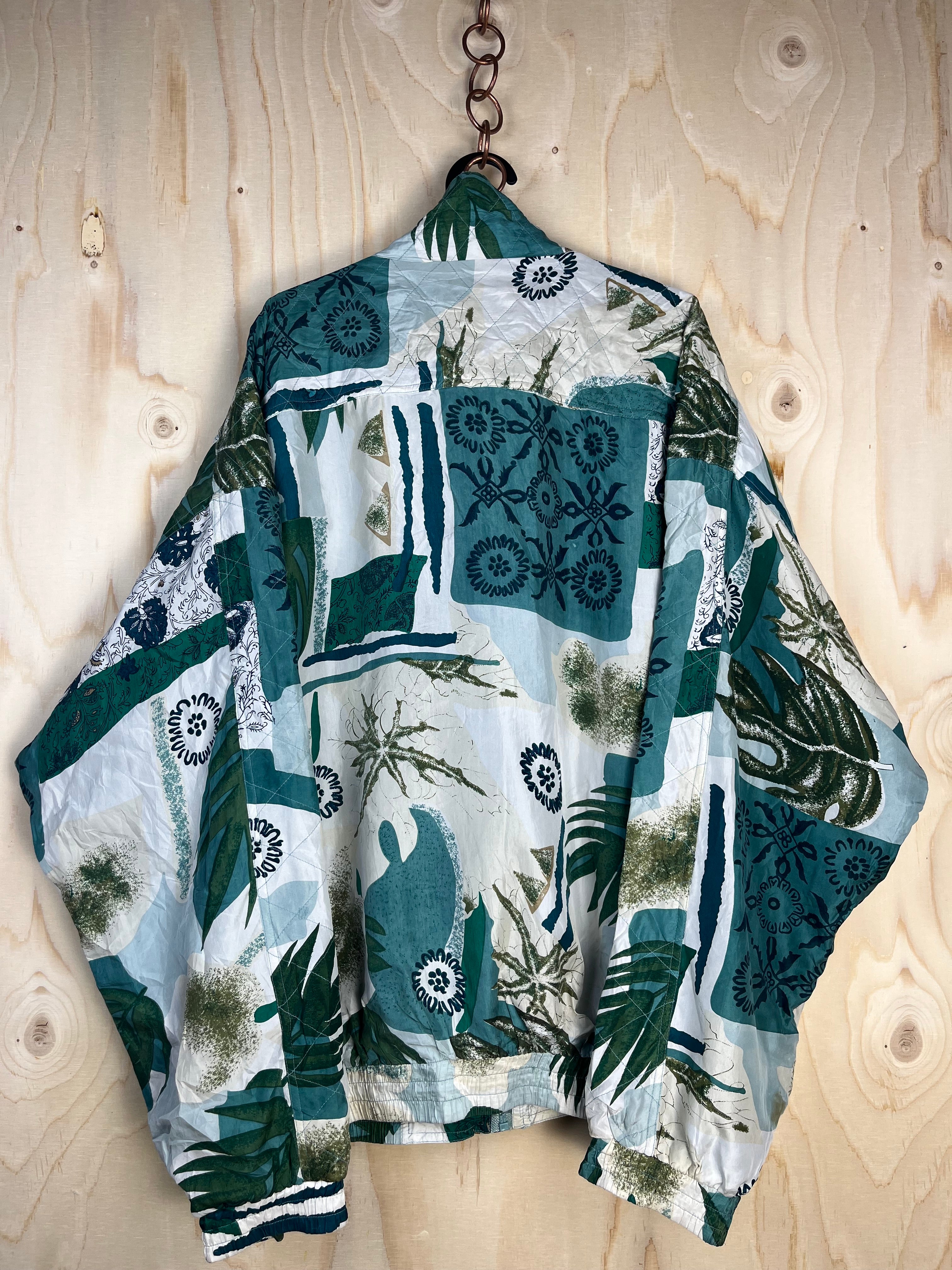 Vintage Silk Patterned Jacket Green Oversize 90s