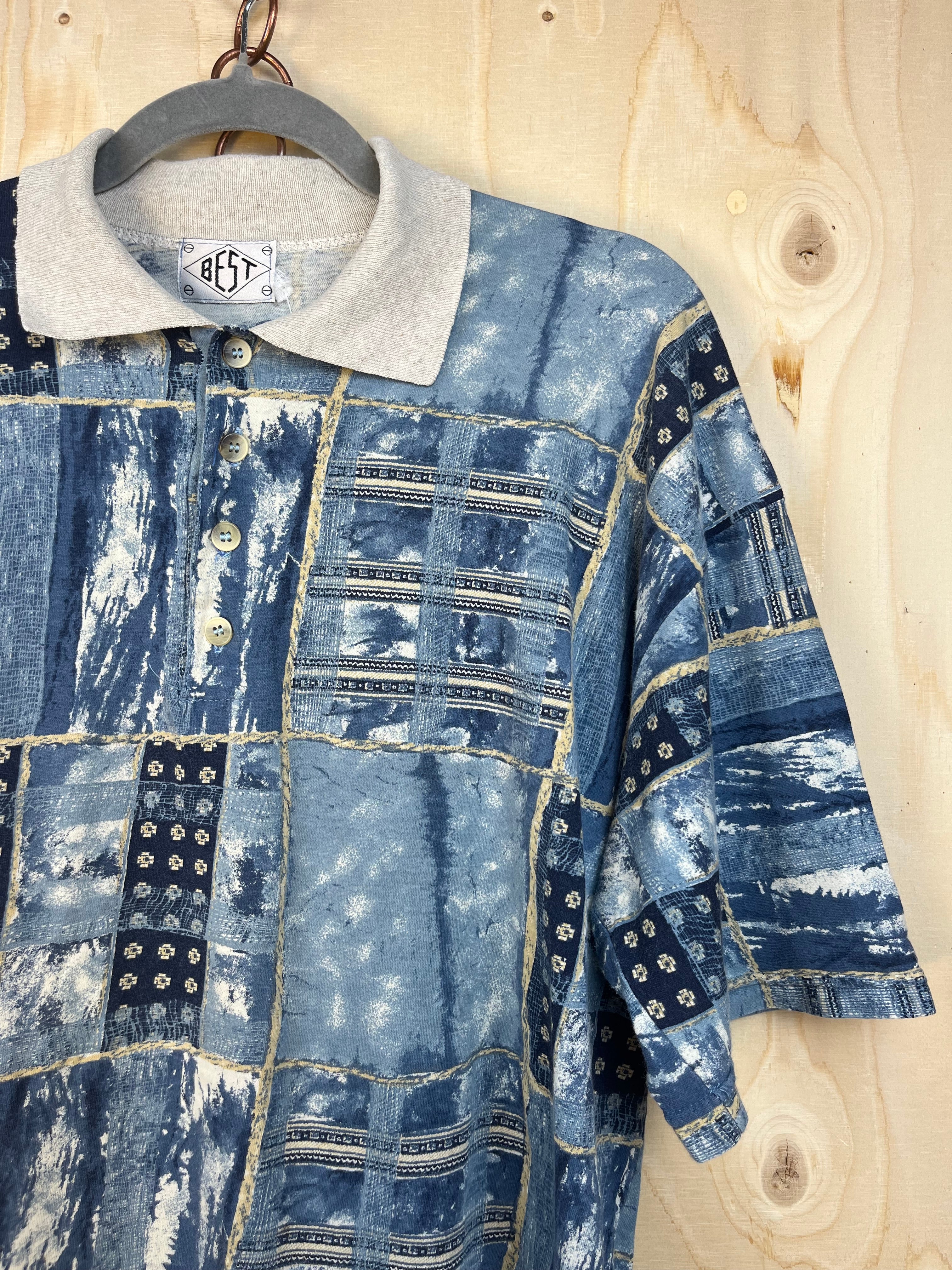 Vintage Blue Patchwork Print Polo Shirt