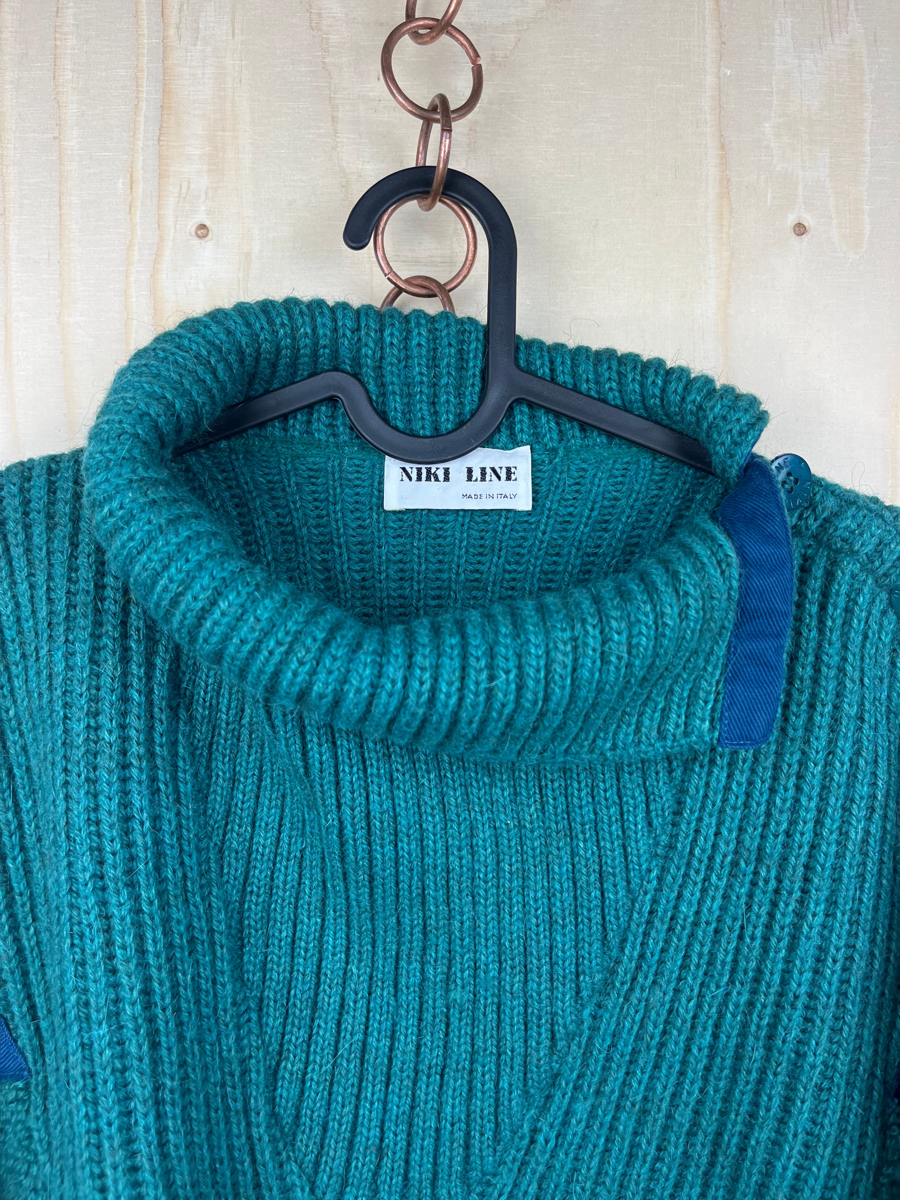 Vintage Italian Alpaca Wool Blend Turtleneck Sweater Teal Green Oversized Fit