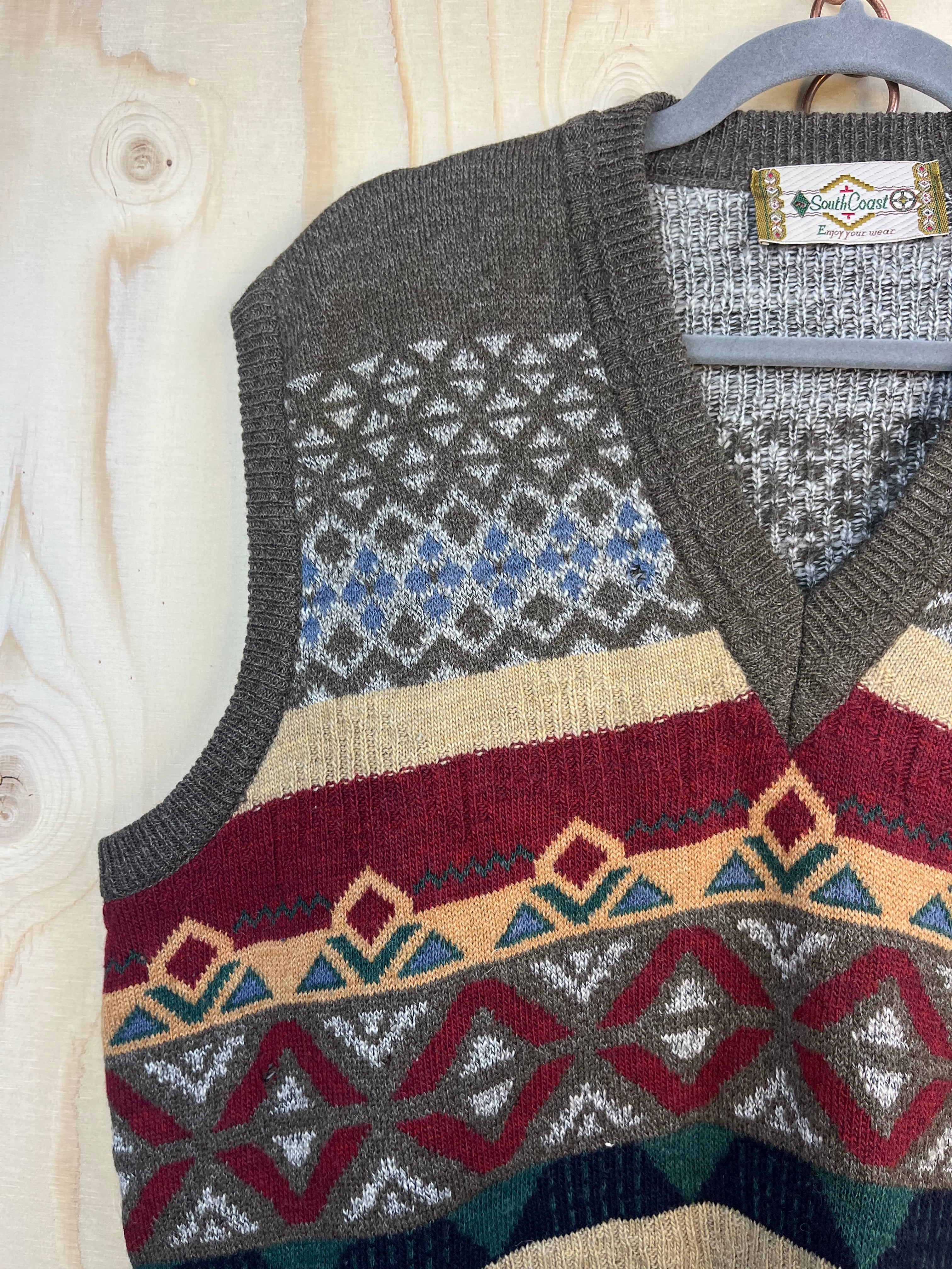 Vintage Pattern Sweater Vest Wool Alpaca Blend Multicolor V-Neck