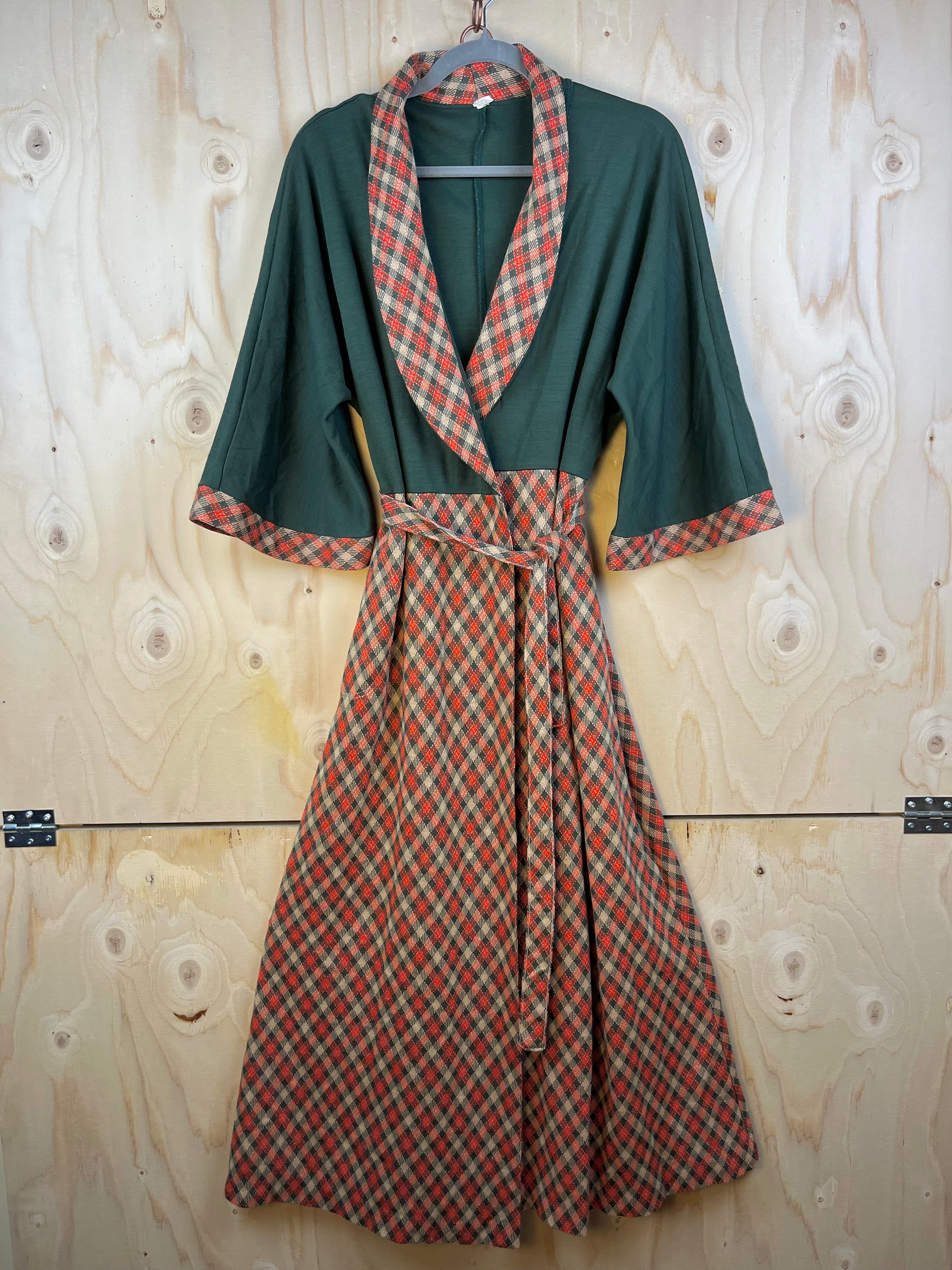 Vintage Wrap Dress Green Top Plaid Skirt Midi Dress
